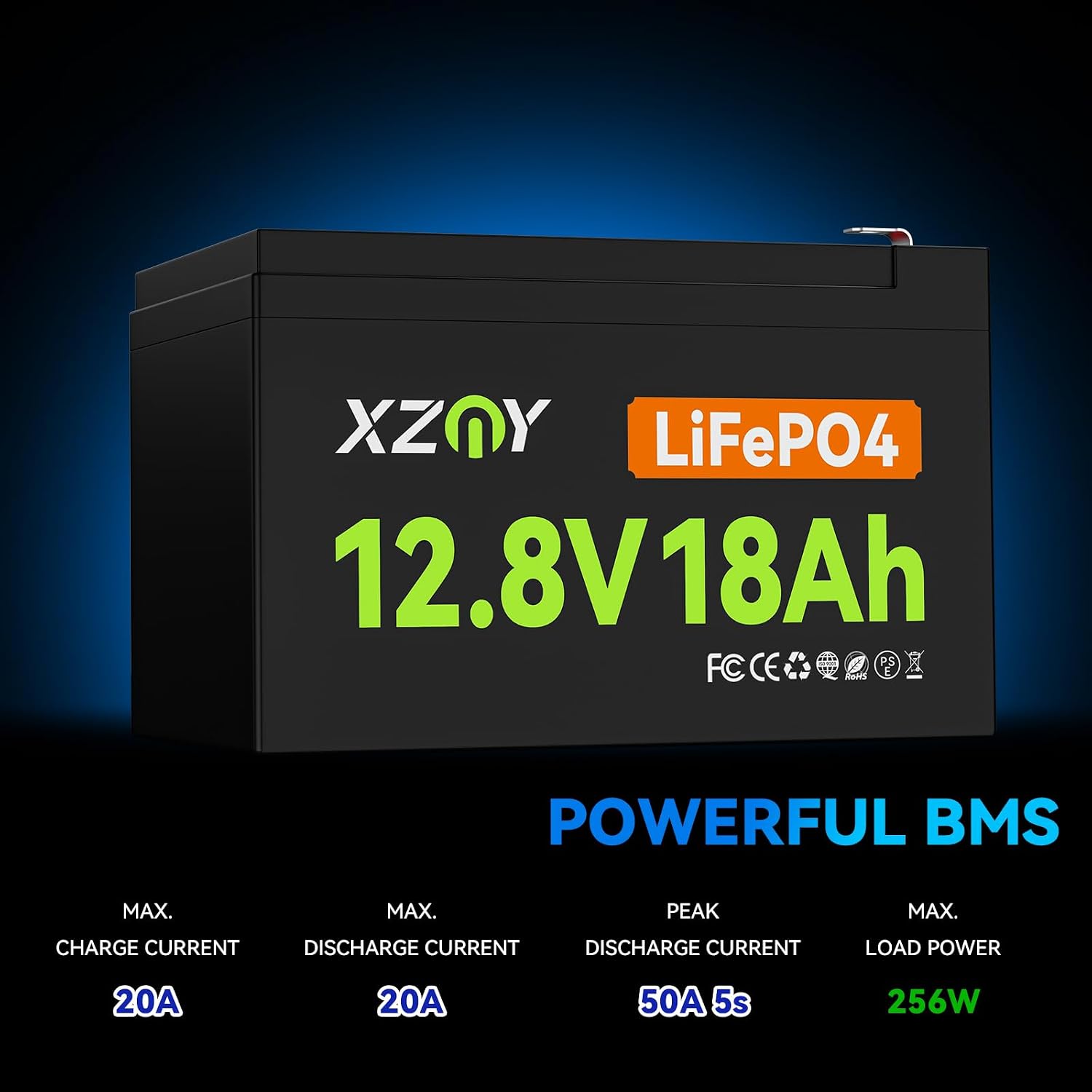 Detalle de XZNY Compact 12V 18Ah LiFePO4 Battery with 20A BMS, 4,000+ Cycles