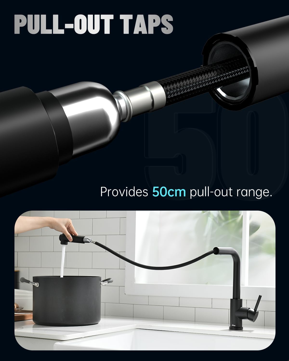 Detalle de Robinet de cuisine noir basse pression APPASO 3 sorties avec douchette 50 cm et 2 types de jets