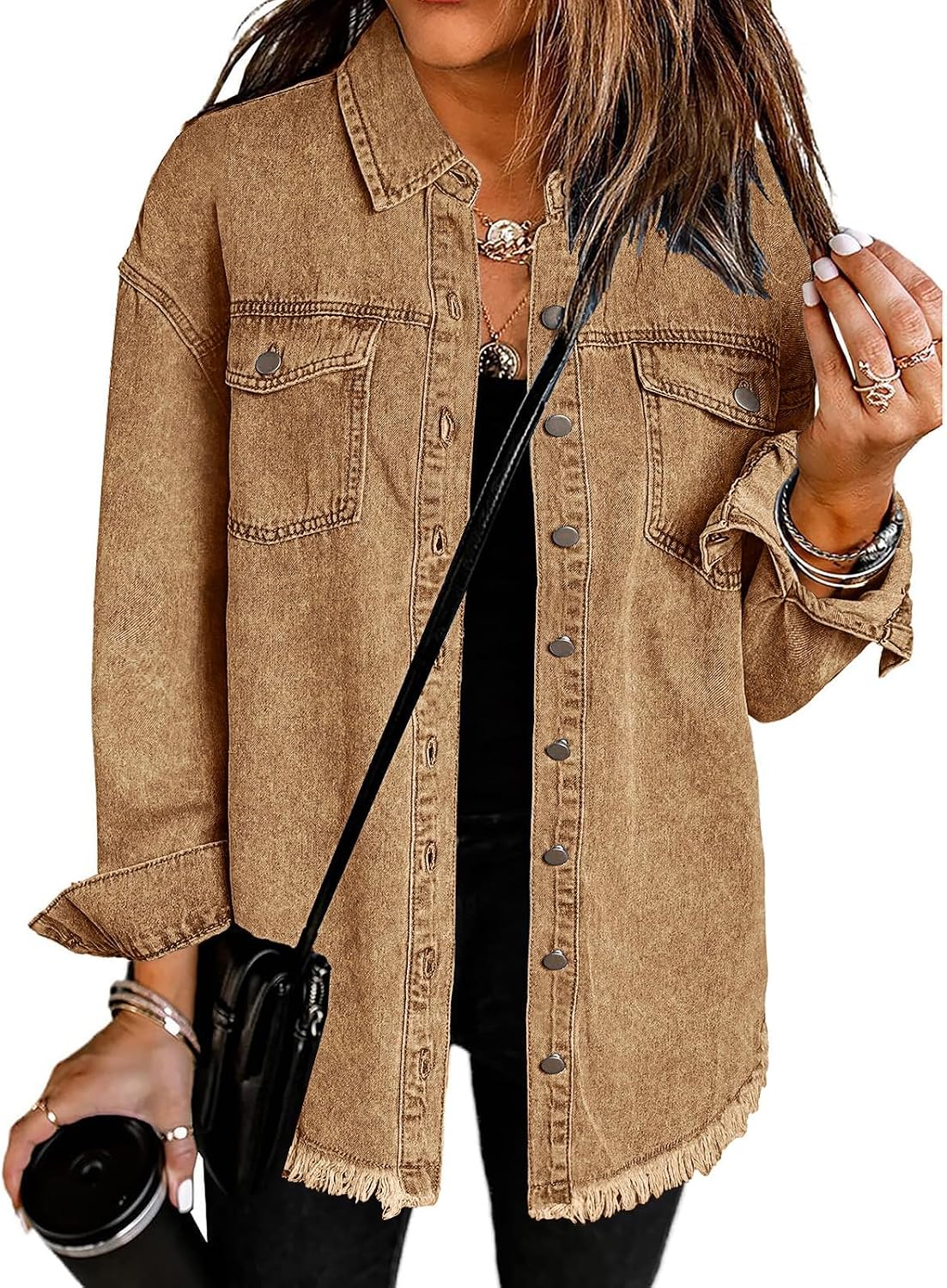 Detalle de Vetinee Women’s Oversized Frayed-Hem Button-Up Shacket Denim Jacket with Pockets