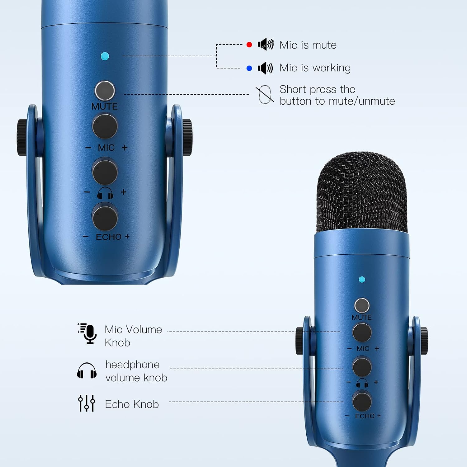 Detalle 2 de ZealSound K66 USB Kondensator Mikrofon – Blau, Plug & Play, Rauschunterdrückung, Gain & Echo