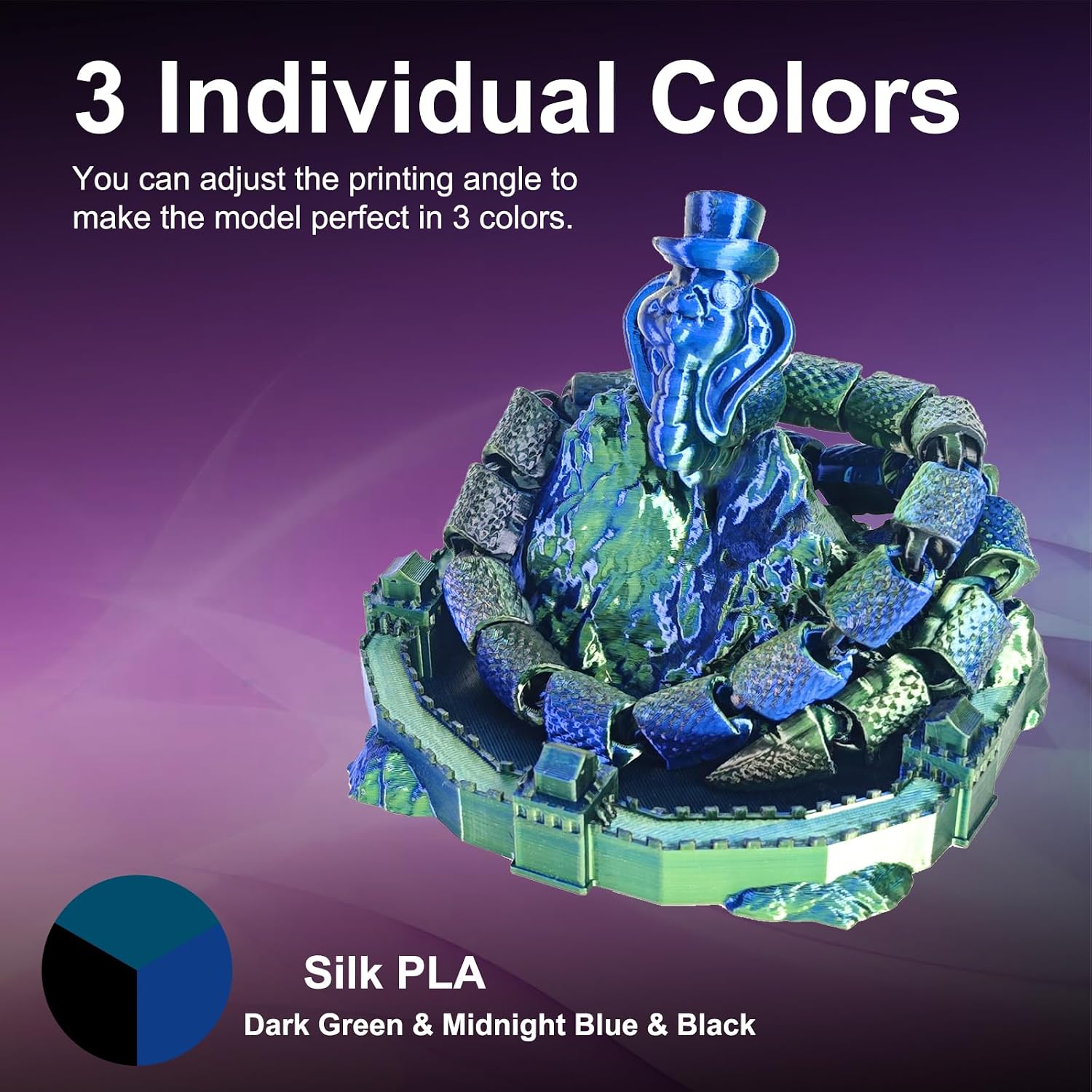 Detalle de ERYONE Silk Tri-Color Coextrusion PLA Filament 1,75 mm (dreifarbig) – dunkelgrün, mitternachtsblau, schwarz