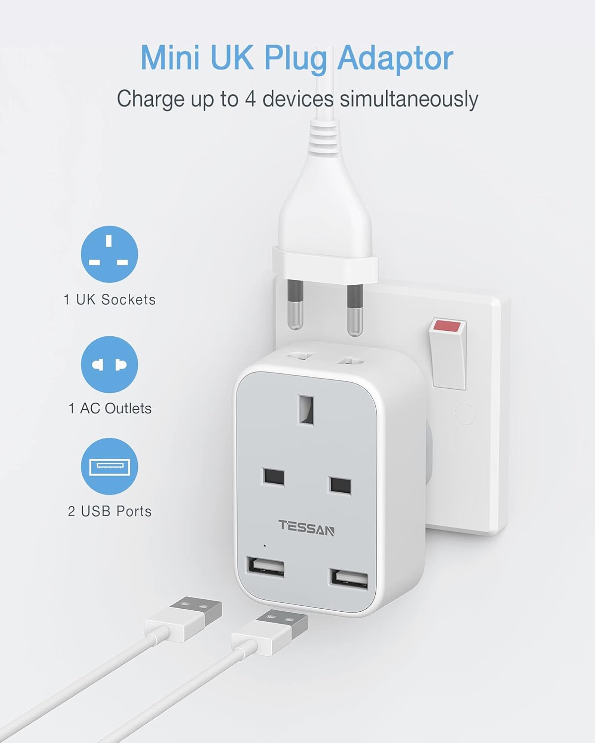 Thumbnail 1 de TESSAN Shaver Plug Adaptor UK with Double USB