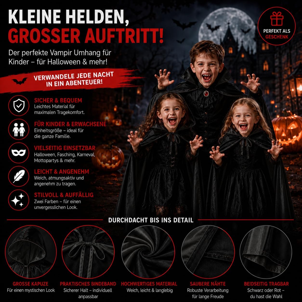 Detalle de FASCHINFEVER ff-003 – peleryna wampira z kapturem na Halloween, rozmiar uniwersalny
