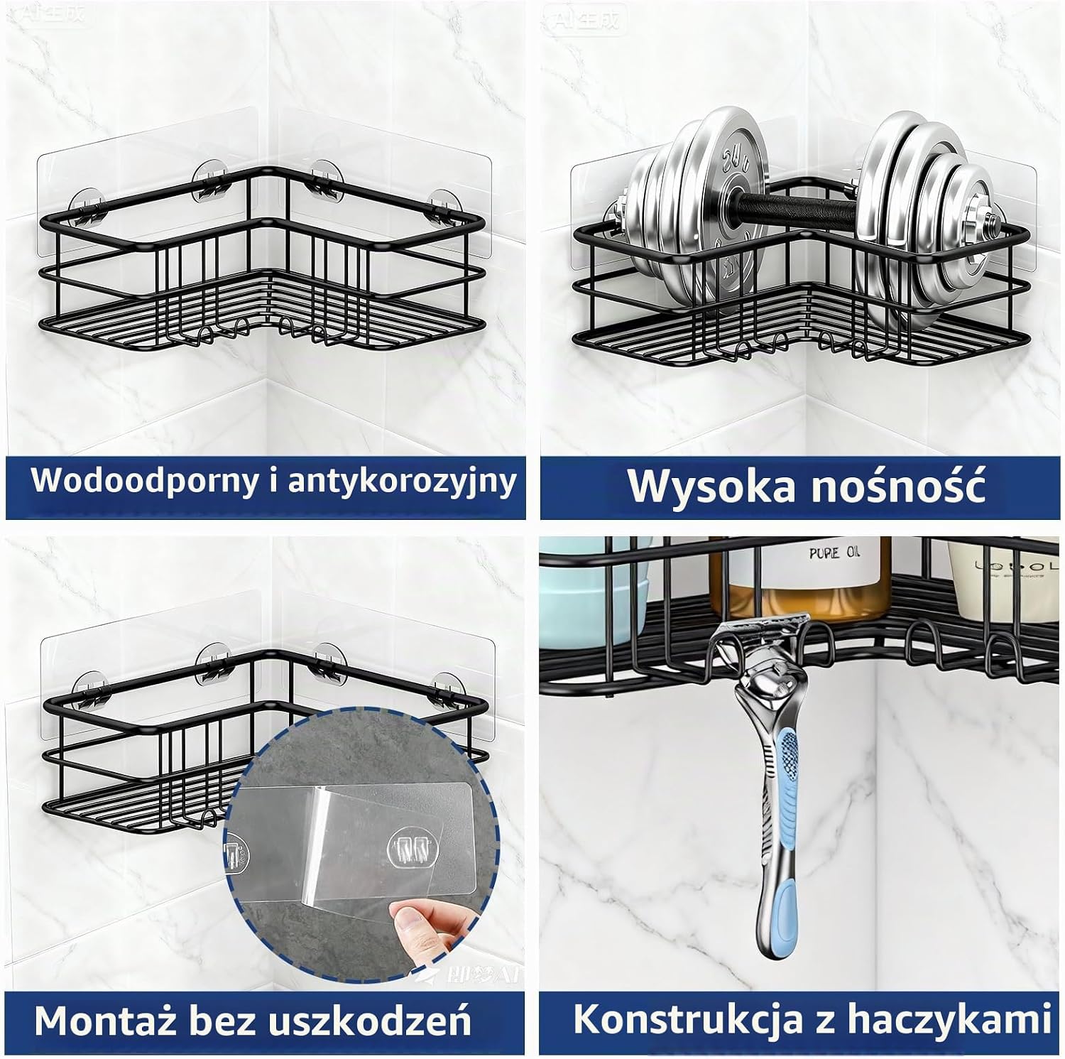Thumbnail 4 de Menbyci narożne półki prysznicowe 2-pak ze stali nierdzewnej, 8 haczyków