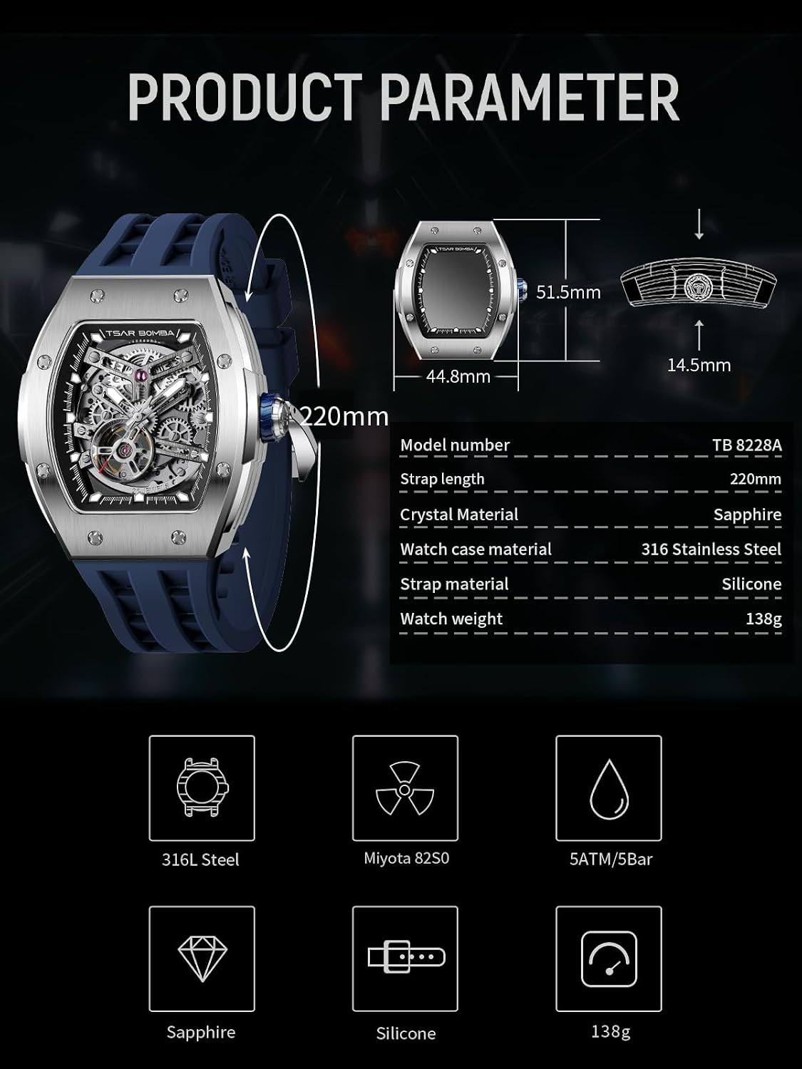 Thumbnail 6 de TSAR BOMBA Montre automatique homme squelette tonneau étanche 50 m