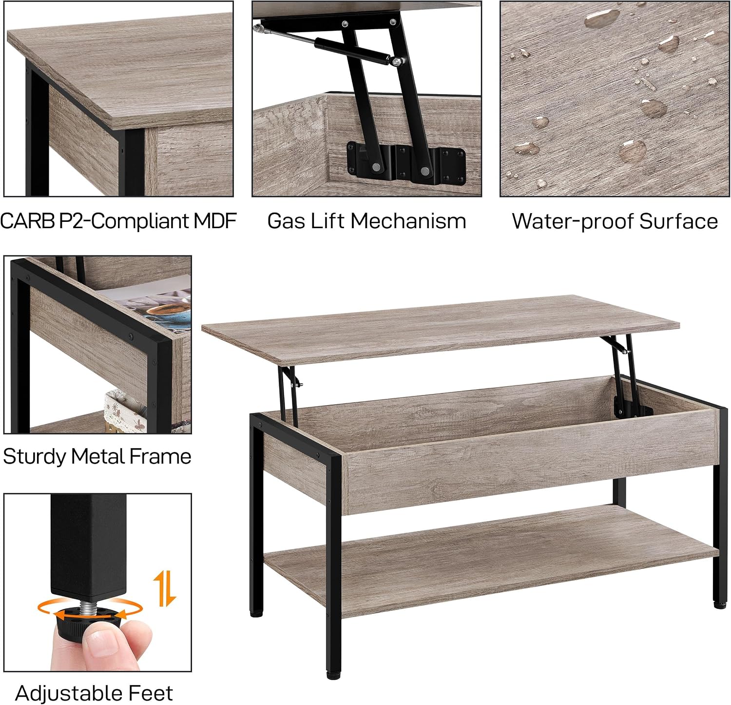 Detalle 2 de Yaheetech Mesa de Centro Elevable 104,5×49,5 cm