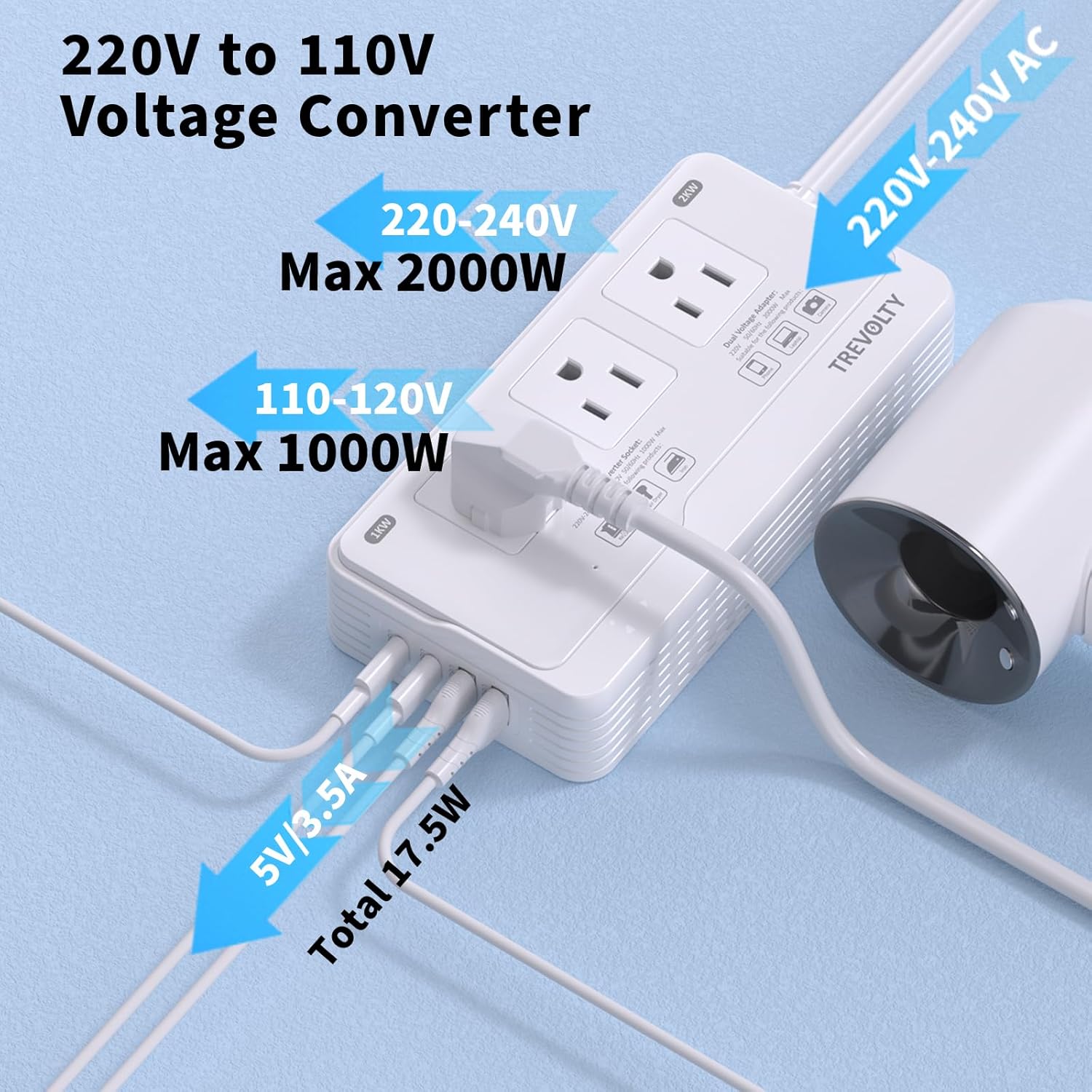 Detalle 2 de TREVOLTY 2000W Voltage Converter US to Europe for Hair Dryer and Travel Adapter