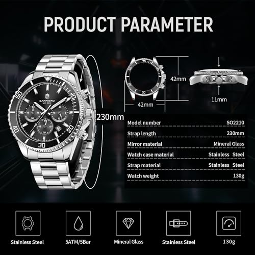 Thumbnail 4 de SAPPHERO Montre Homme Chronographe 42 mm — acier inoxydable, étanche 50m, quartz