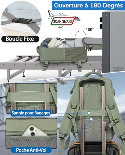 Detalle de KLOSTAIN Sac à Dos Voyage Cabine Avion 45x36x20 cm – 30 L, 15.6 pouces, Vert