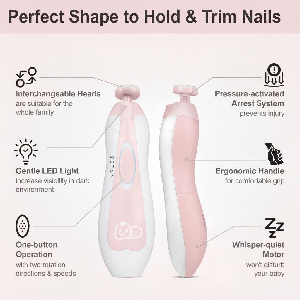 Detalle de ROYAL ANGELS Baby-Nagelfeile 21 in 1 (rosa) mit 13 Ersatzaufsätzen – für Baby-Nägel, Zehen und Polieren