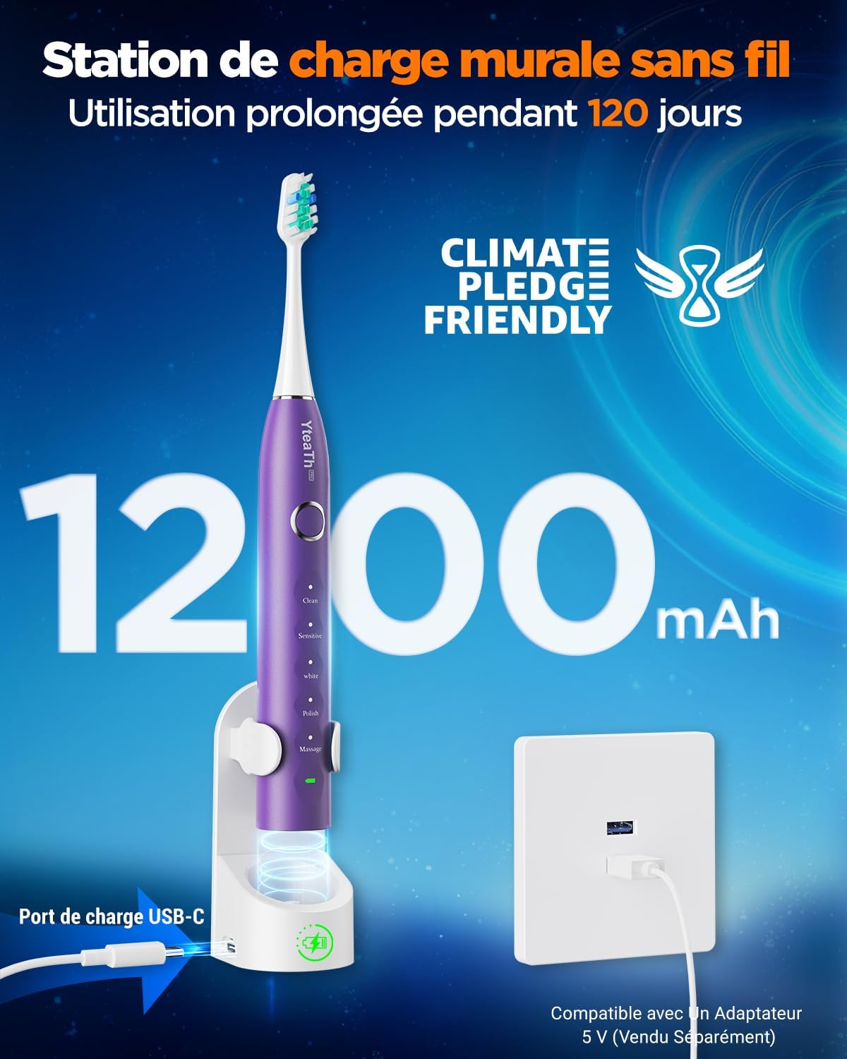 Detalle 1 de YTEATH PRO Brosse à dent électrique sonique pour femme (violet foncé) avec 8 têtes, 5 modes et étui de voyage