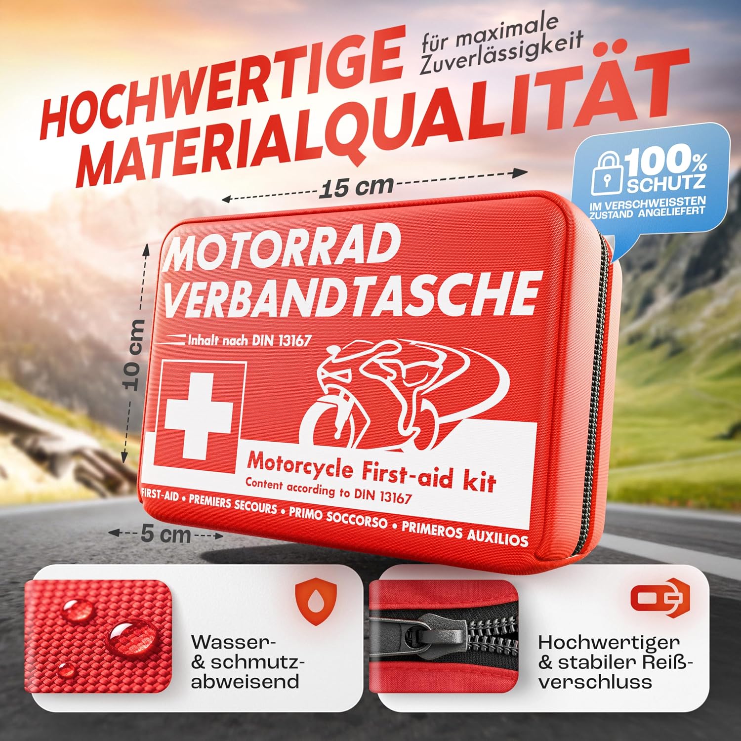 Detalle de Heldenwerk Erste Hilfe Set Motorrad nach aktueller Norm 2026 inkl. Beatmungstuch – Mini Verbandskasten DIN 13167 (StVZO konform)
