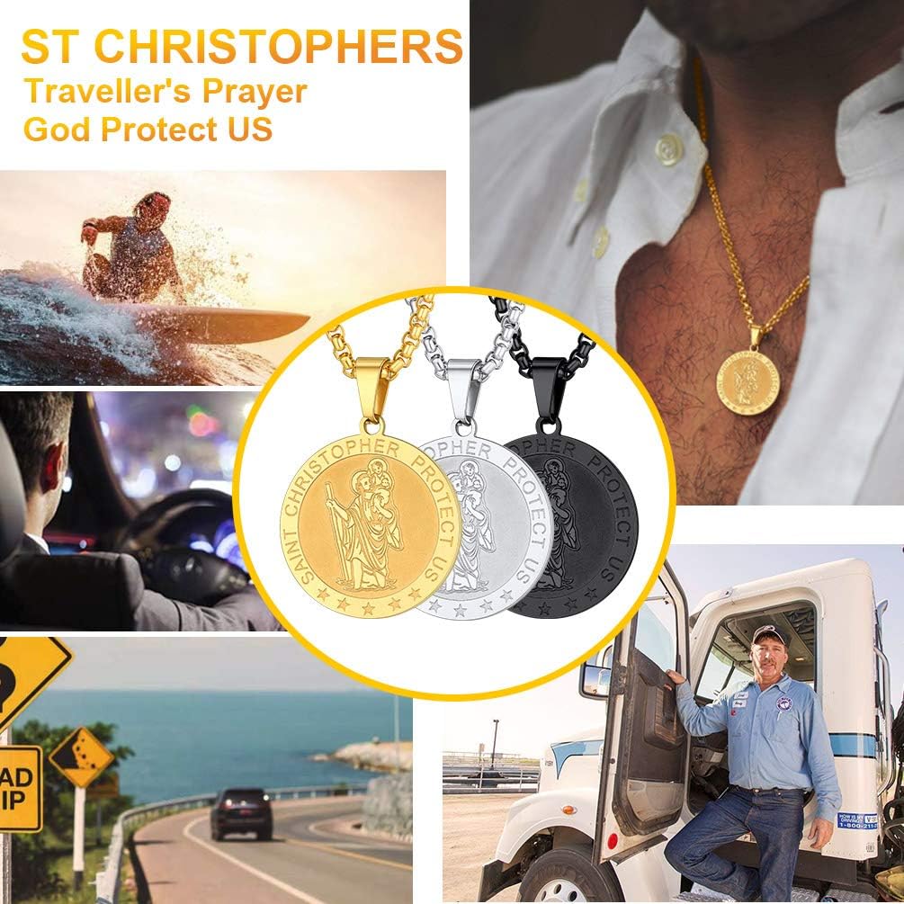 Thumbnail 1 de PROSTEEL Collier Saint Christophe en acier 316L avec pendentif rond/ovale/plaque et plaqué or jaune
