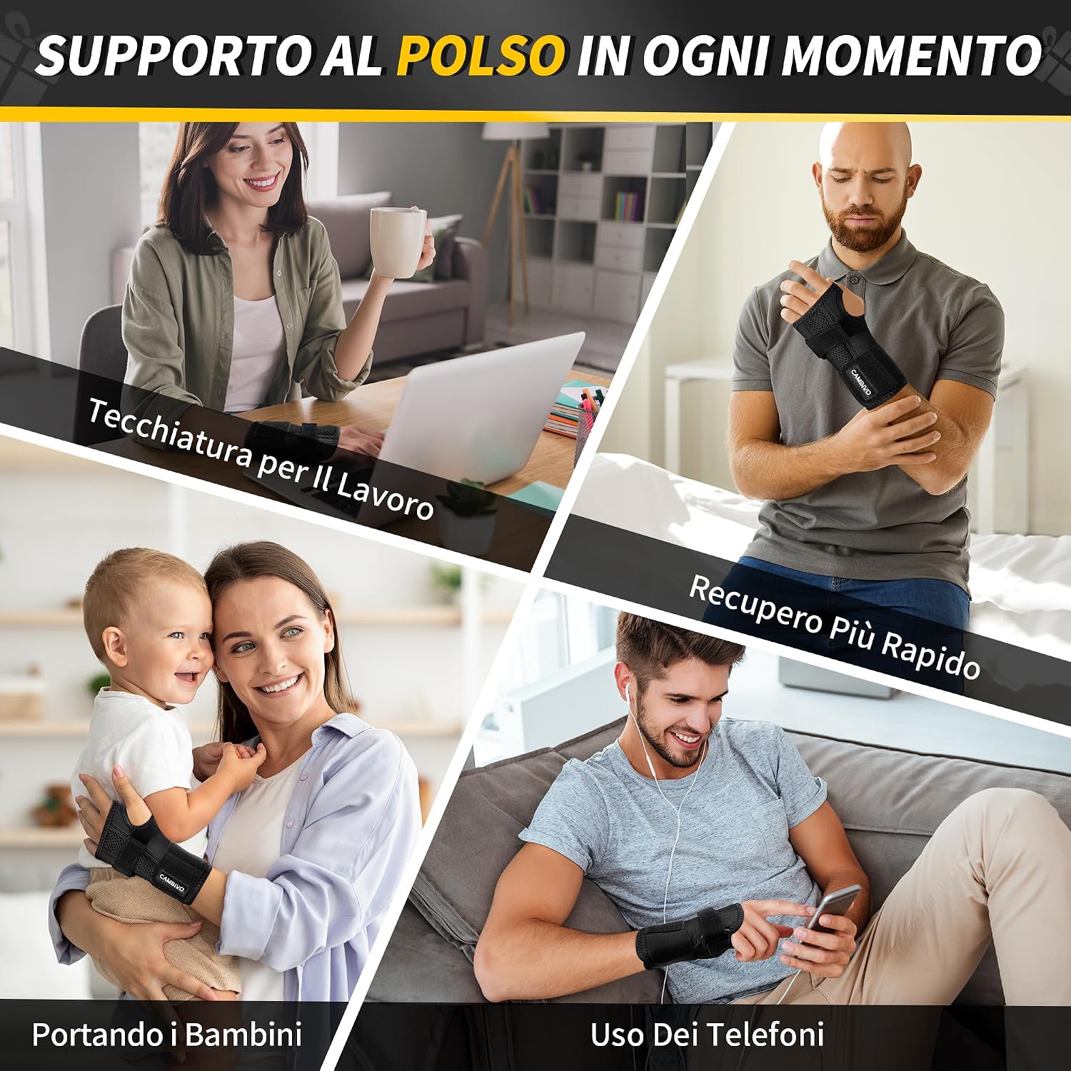 Detalle 2 de CAMBIVO Tutore Polso con 2 Stecche in PE: polsiera ortopedica regolabile in neoprene traspirante