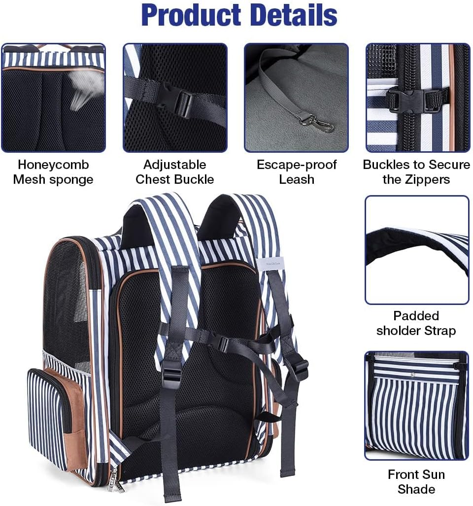 Thumbnail 3 de Lekesky Large Cat Carrier Backpack Expandable (XL) – Striped pet carrier backpack for small dogs and medium cats