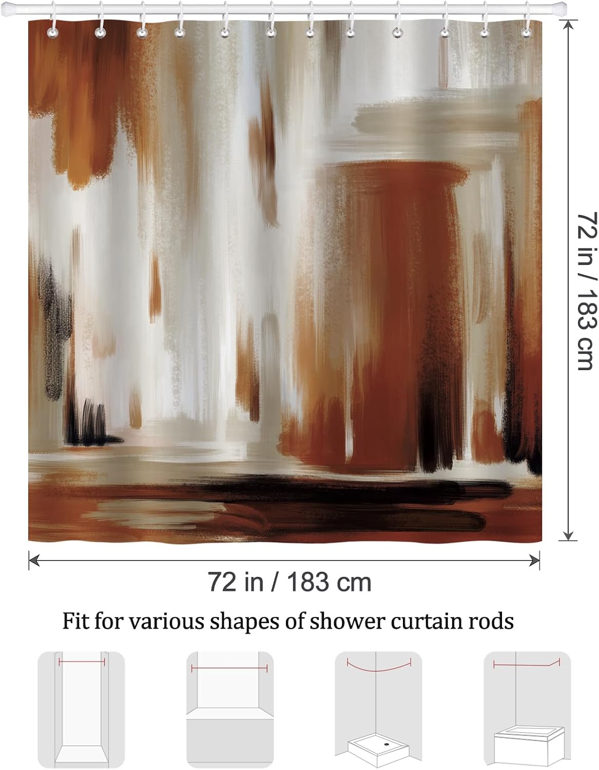 Thumbnail 5 de Bonhause Abstract Modern Shower Curtain (Brown Brush Strokes) – Waterproof polyester, 180 x 180 cm, with 12 hooks