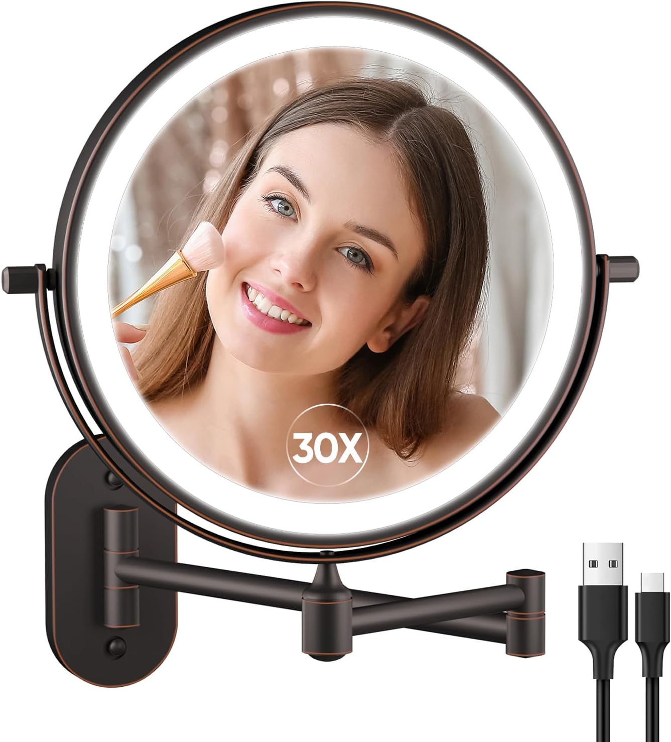 Detalle de 5000mAh Rechargeable Wall Mounted Lighted Makeup Vanity Mirror with 1X/30X Magnification in Antique Bronze