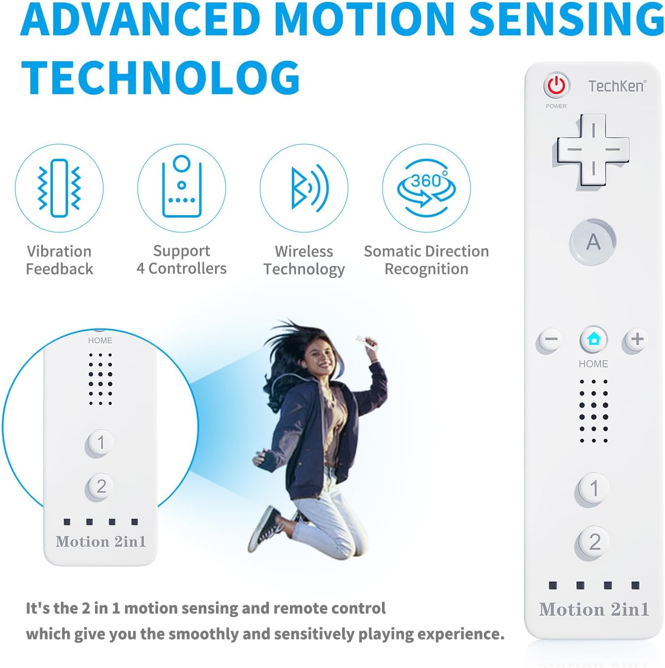 Detalle 2 de TechKen 2 Sets Remote Controller for Wii with Built-in Motion Plus and Nunchuck (White)