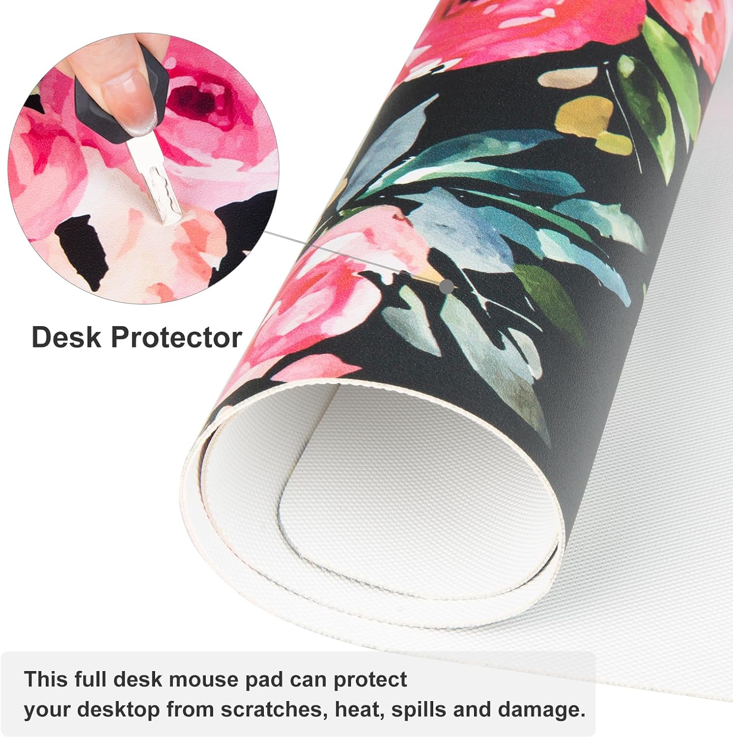 Detalle de QiyI DP-6141-PDP Large PU Leather Mouse Pad, Pink Roses, 31.5" x 15.7