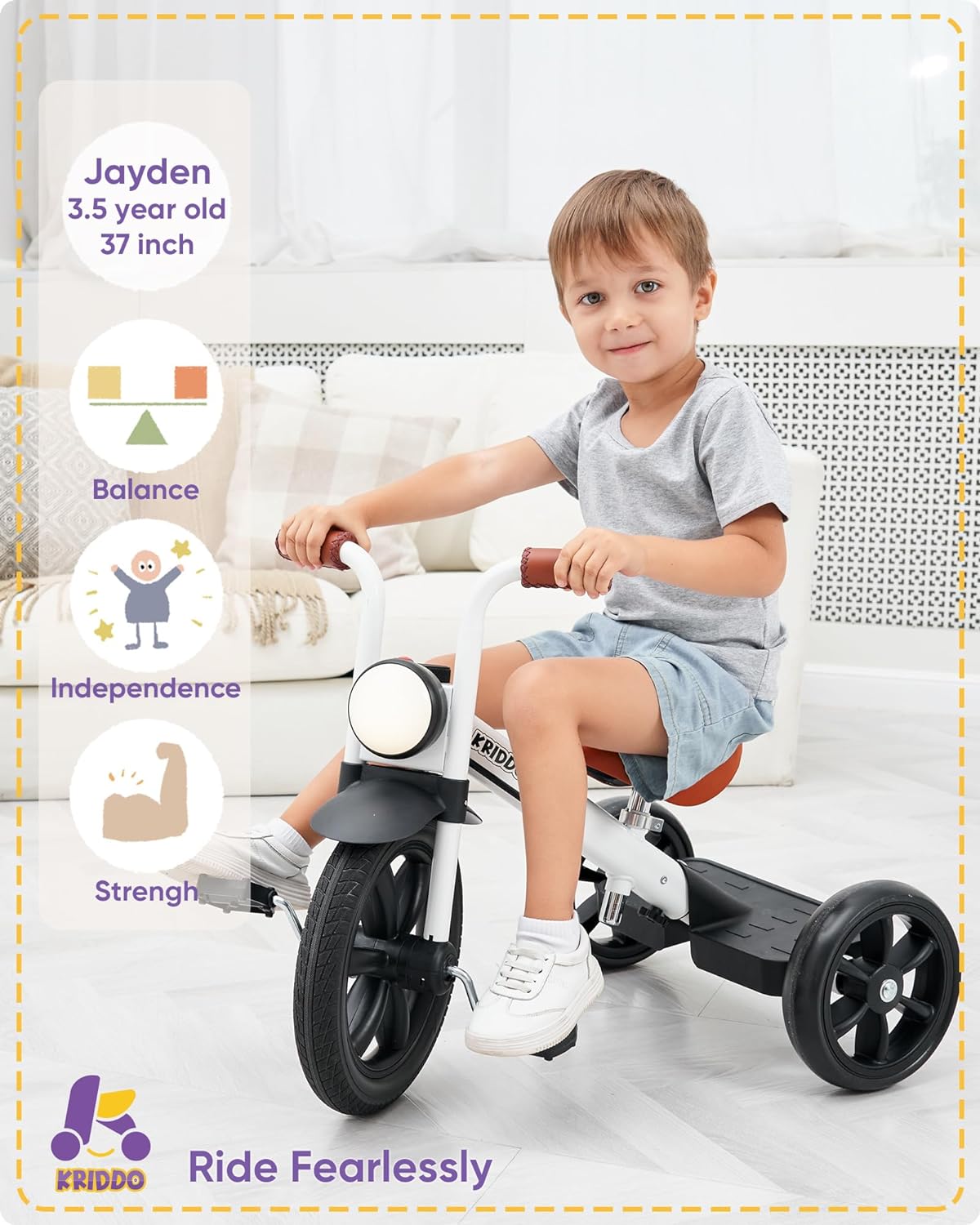 Thumbnail 2 de KRIDDO Kids Tricycle (12 Inch Puncture-Free Wheel) with Front Light, Adjustable Seat, for Ages 2–5, White