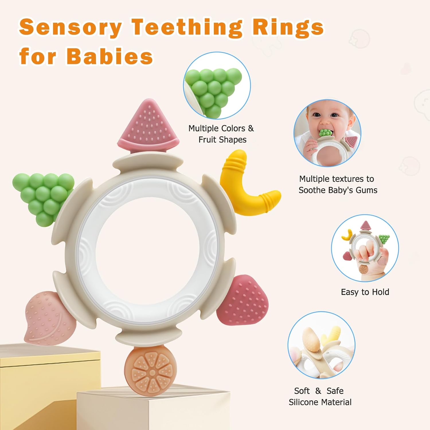 Thumbnail 2 de AiTuiTui Beißring Baby BPA-frei – sensorisches Silikon-Beißspielzeug in Obst-Form, ab 0 Monaten