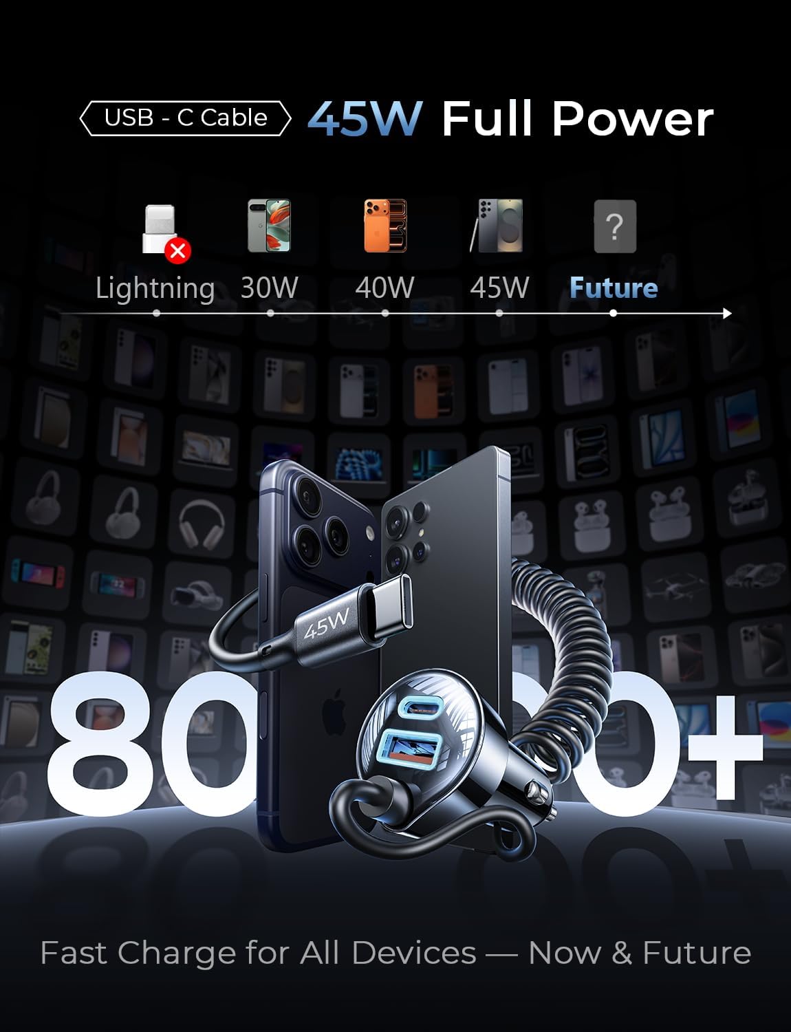 Detalle de LISEN 90W USB-C Car Charger for iPhone & Android with 30W USB-C Cable (Spiral Cord)