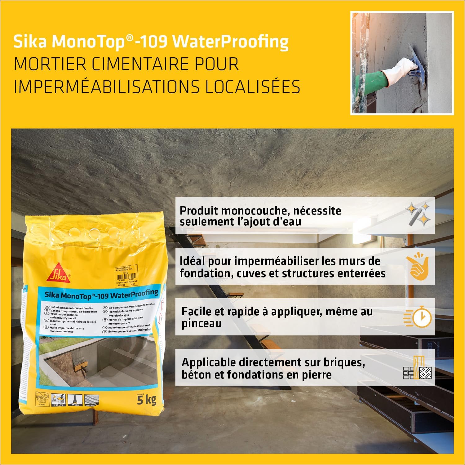 Detalle de Sika Monotop 109 Waterproofing – Mortier imperméabilisant gris 5 kg pour caves et locaux enterrés