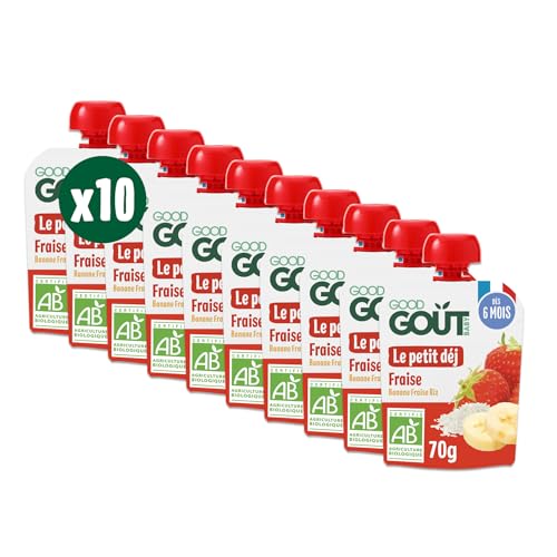 Detalle de GOOD GOÛT Petit Déj Fraise – Gourde bébé dès 6 mois, format nomade, sans sucres ajoutés, 10x70 g