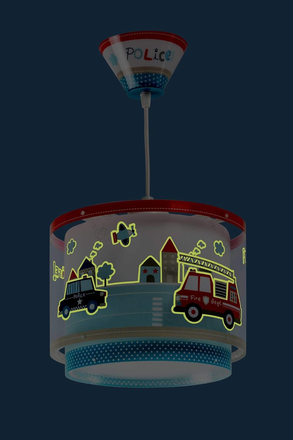 Detalle 2 de DALBER POLIZEI Pendelleuchte – Kinderzimmerlampe Blau, 26.5 × 26.5 × 21 cm