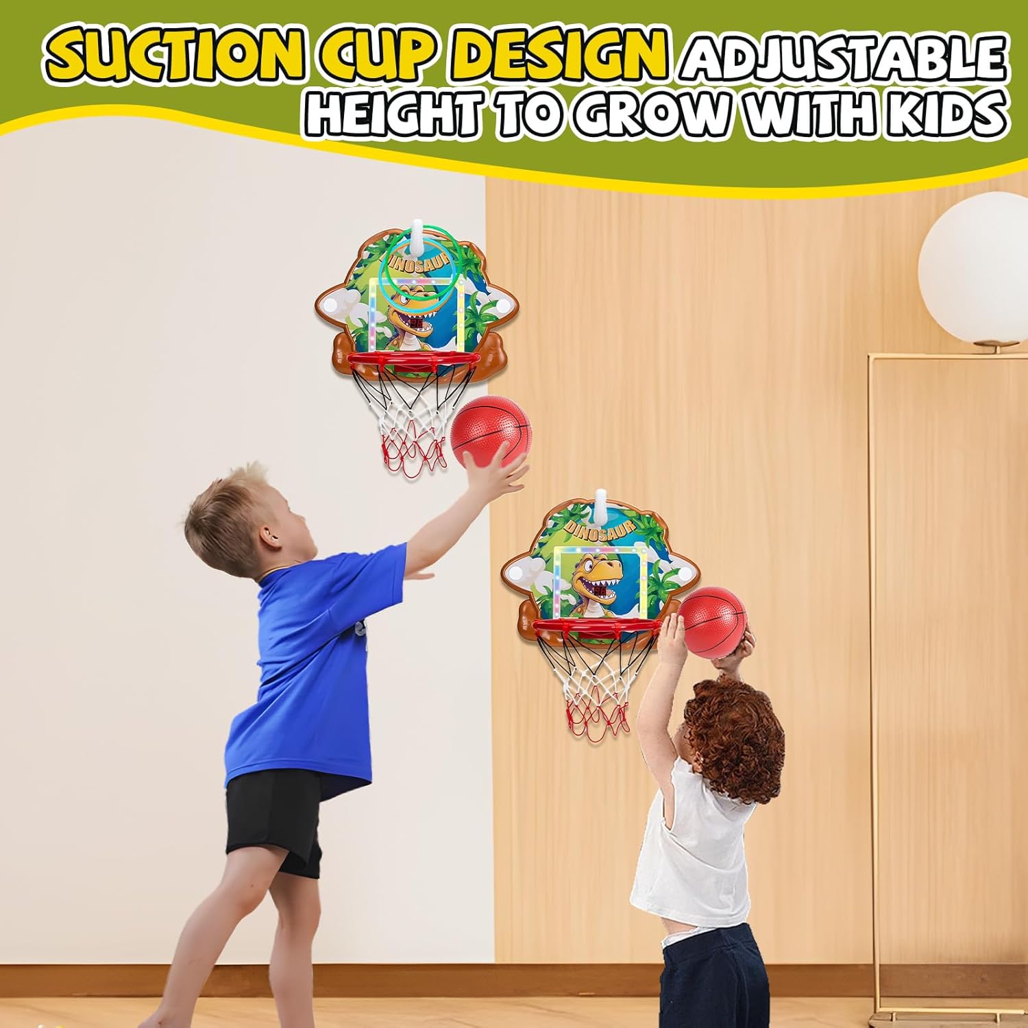 Thumbnail 2 de Fullware Mini Basketballkorb Indoor für Kinder (2-in-1) mit Ringwurf, Punkteanzeige & Musik – Dino-Design