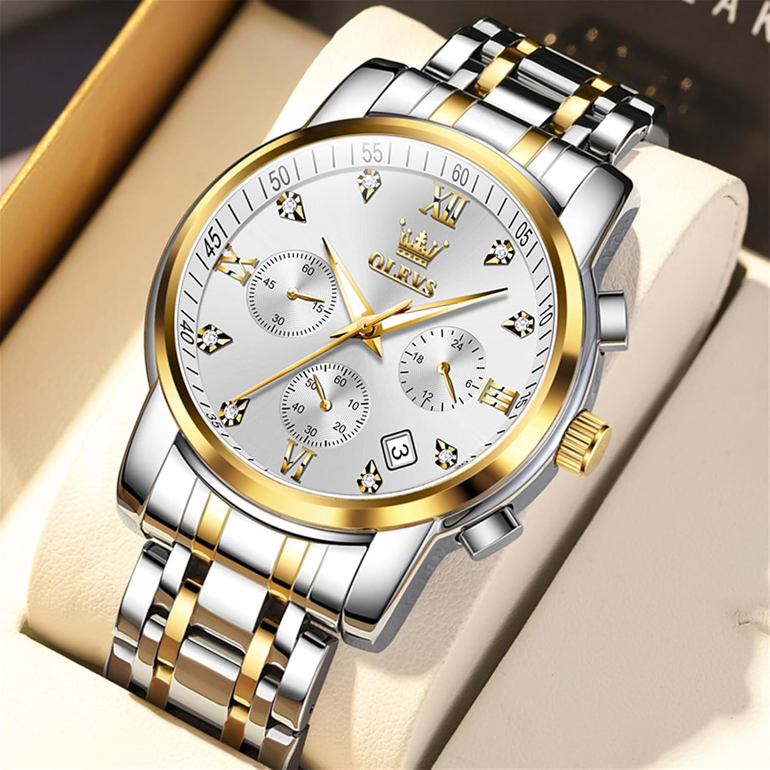 Thumbnail 6 de OLEVS Men's Chronograph Watch: Gold & Silver Stainless Steel with Diamond Accents