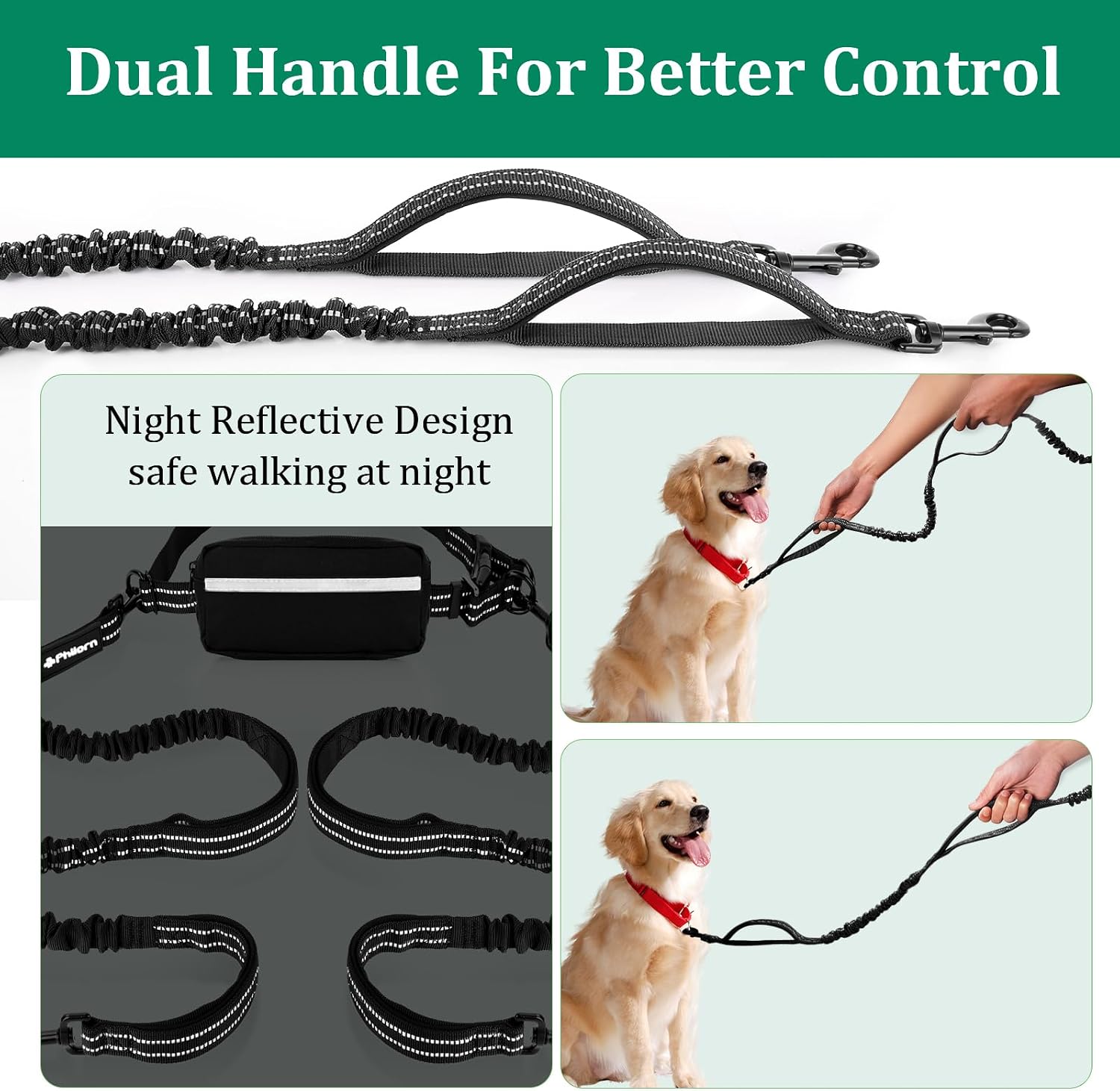 Thumbnail 4 de Philorn Hands Free Two-Dog Lead with Adjustable Waist Belt – Dual Handles, 2 Shock Absorbers, Black