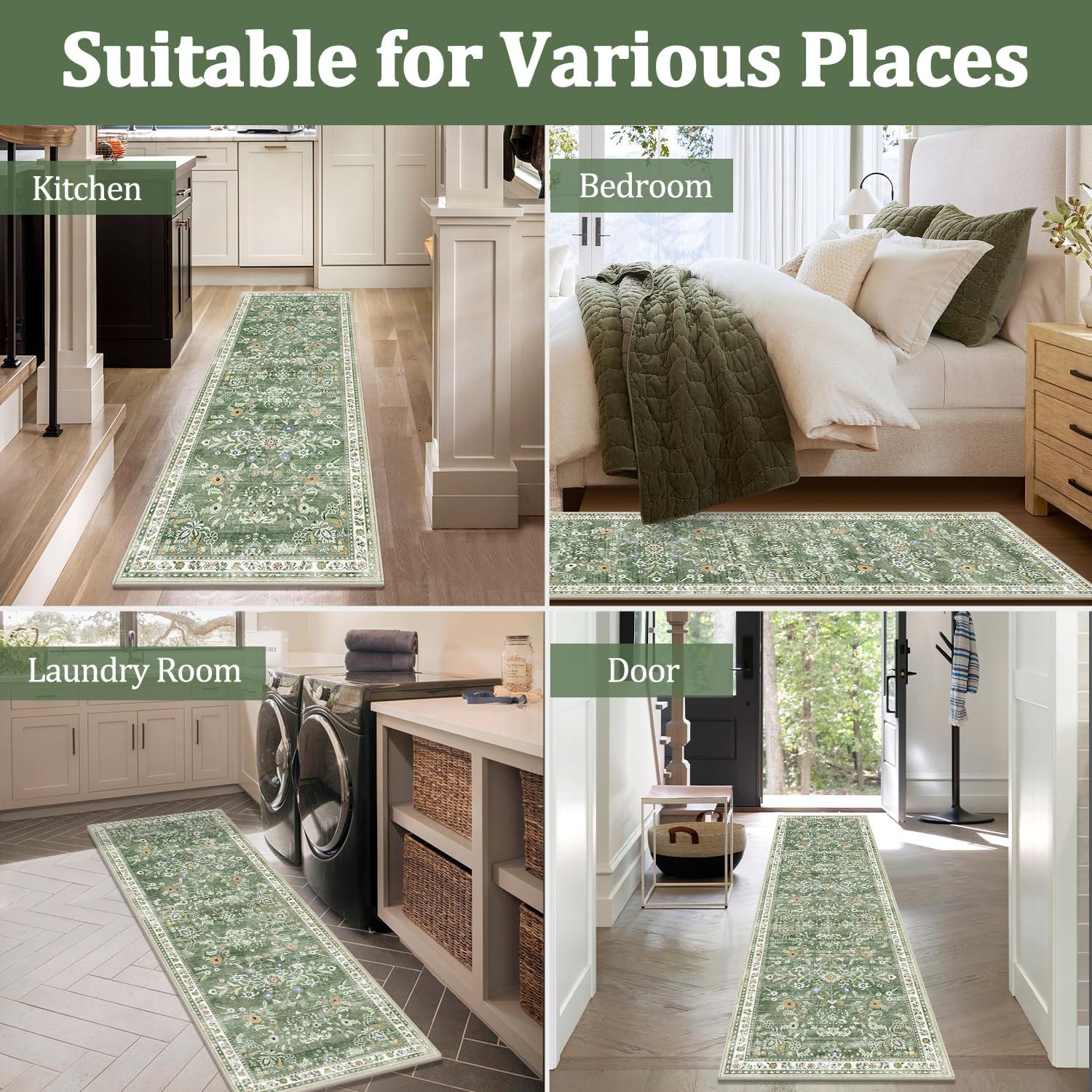 Thumbnail 6 de Yamaziot Washable Kitchen Rug Set of 2: Non-Slip Boho Floral Runner Rugs (2x3 and 2x5, Green)