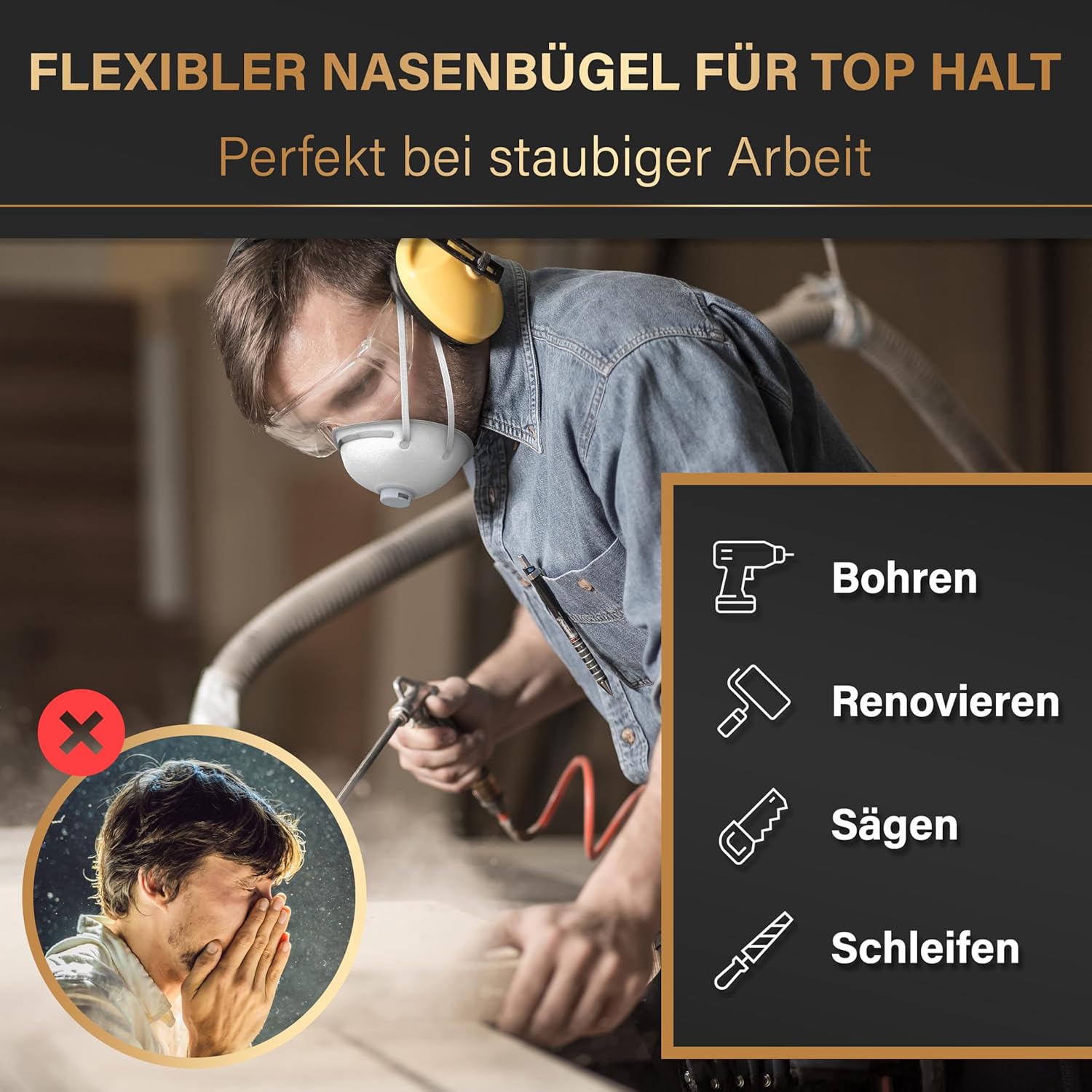 Detalle 2 de HELDENWERK Atemschutzmaske mit FFP1-Schutz im Set (5er/10er/20er) – Staubschutz für Schleif-, Bohr- und Sägearbeiten
