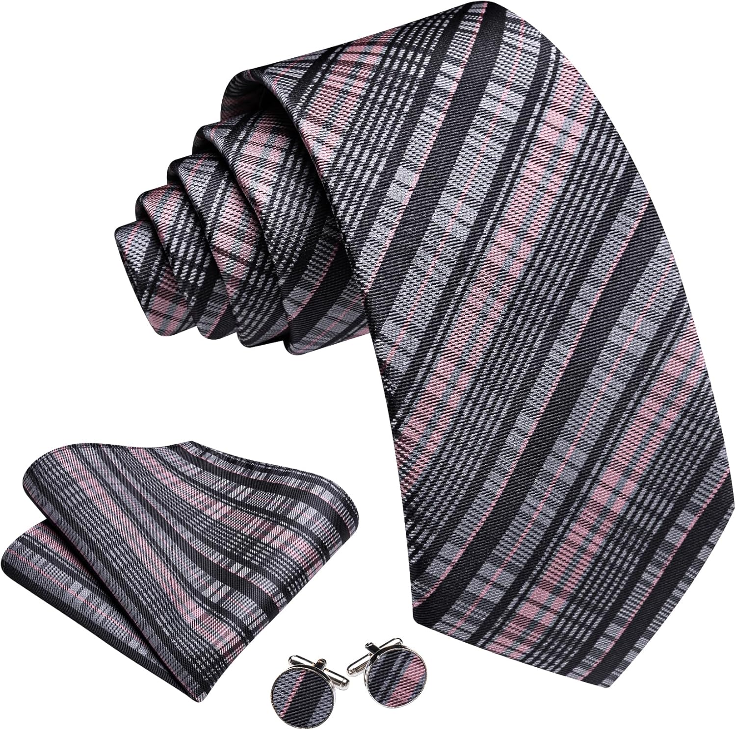 Thumbnail 1 de Barry.Wang 63" Extra Long Plaid Silk Necktie Set with Pocket Square, Cuff Links and Gift Box