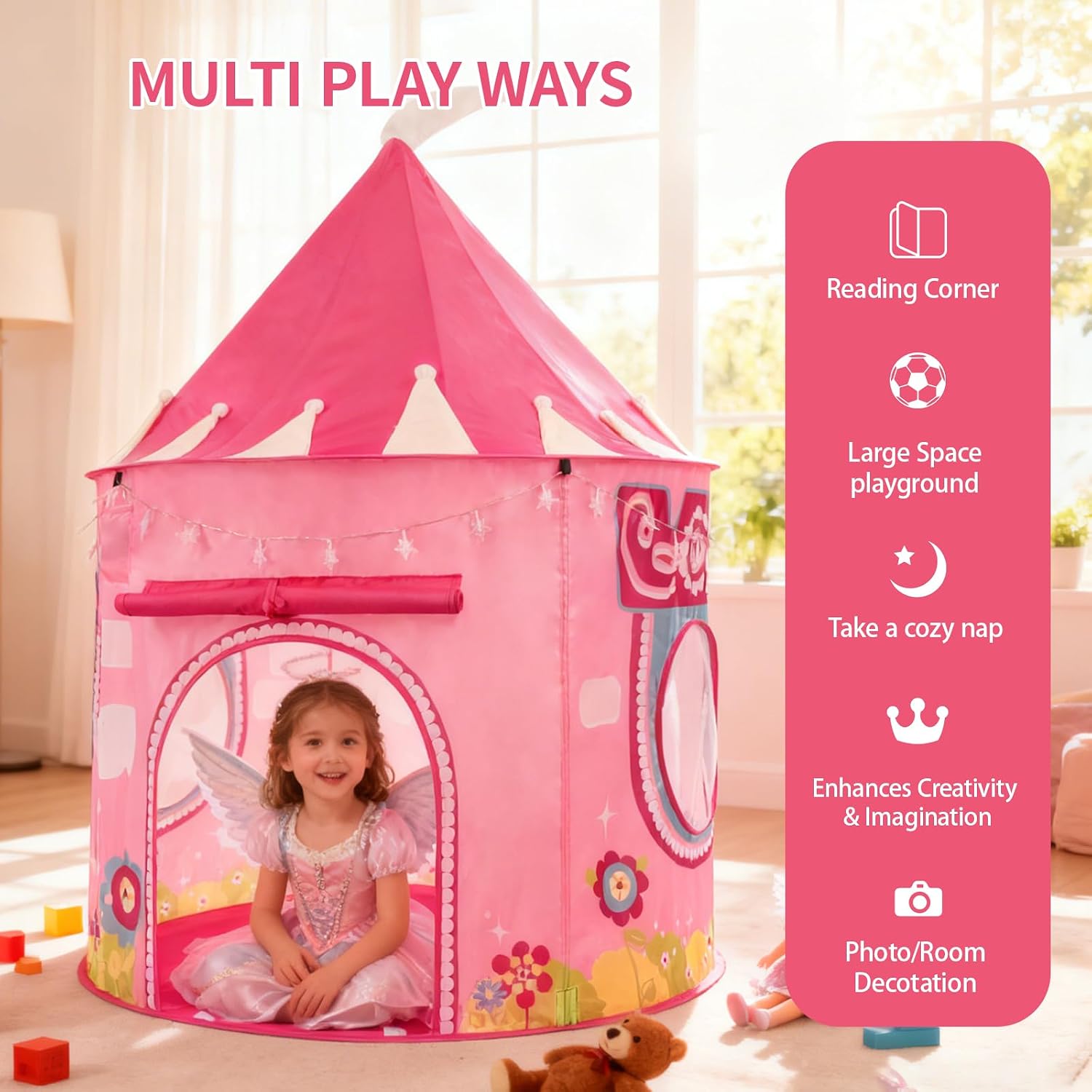 Thumbnail 5 de ROIWUIE YQB-02 Princess Castle Play Tent with Star Lights, Foldable Pink Design