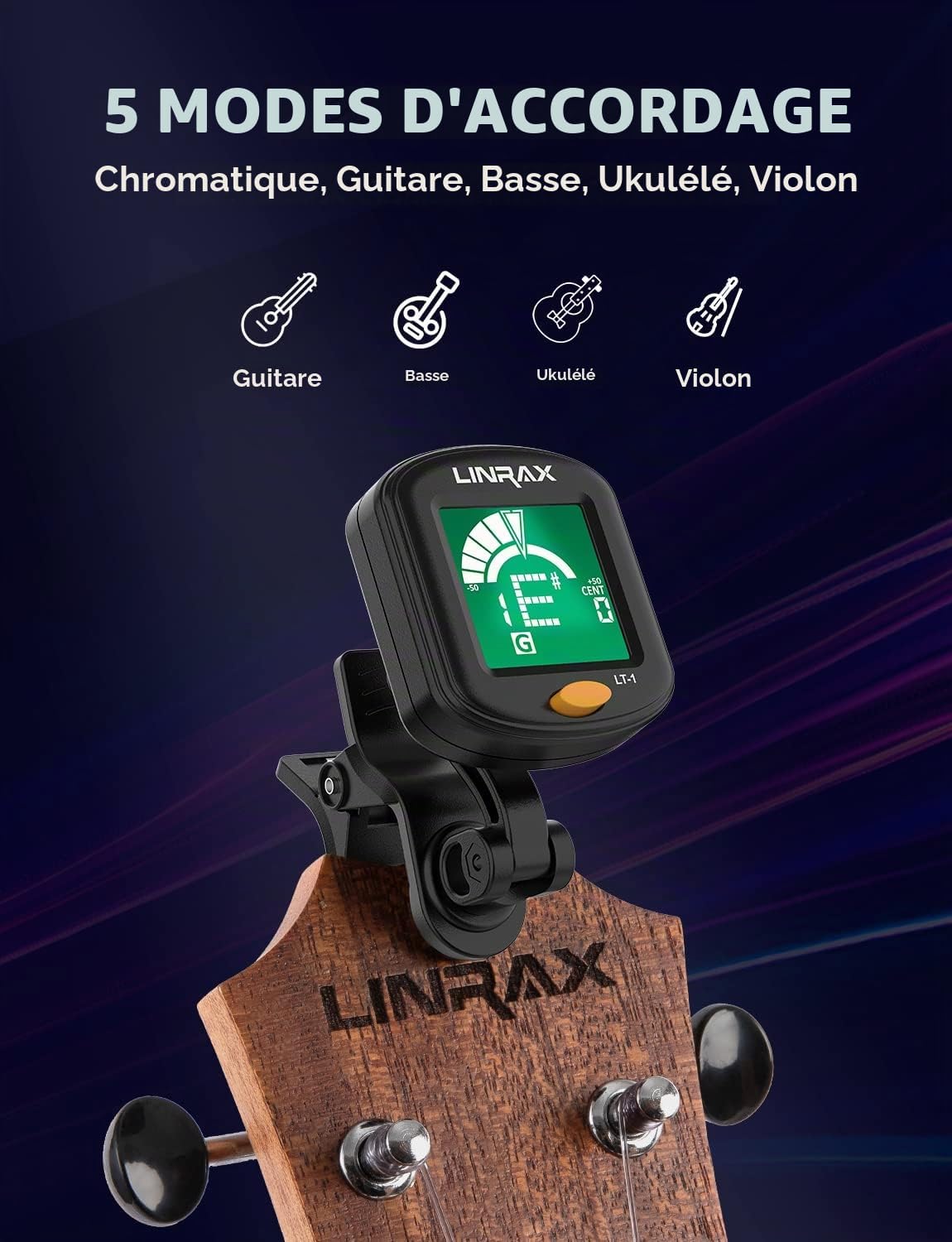 Detalle de LINRAX LT-1 clip-on stemapparaat met 5 modi en draaibaar lcd-scherm
