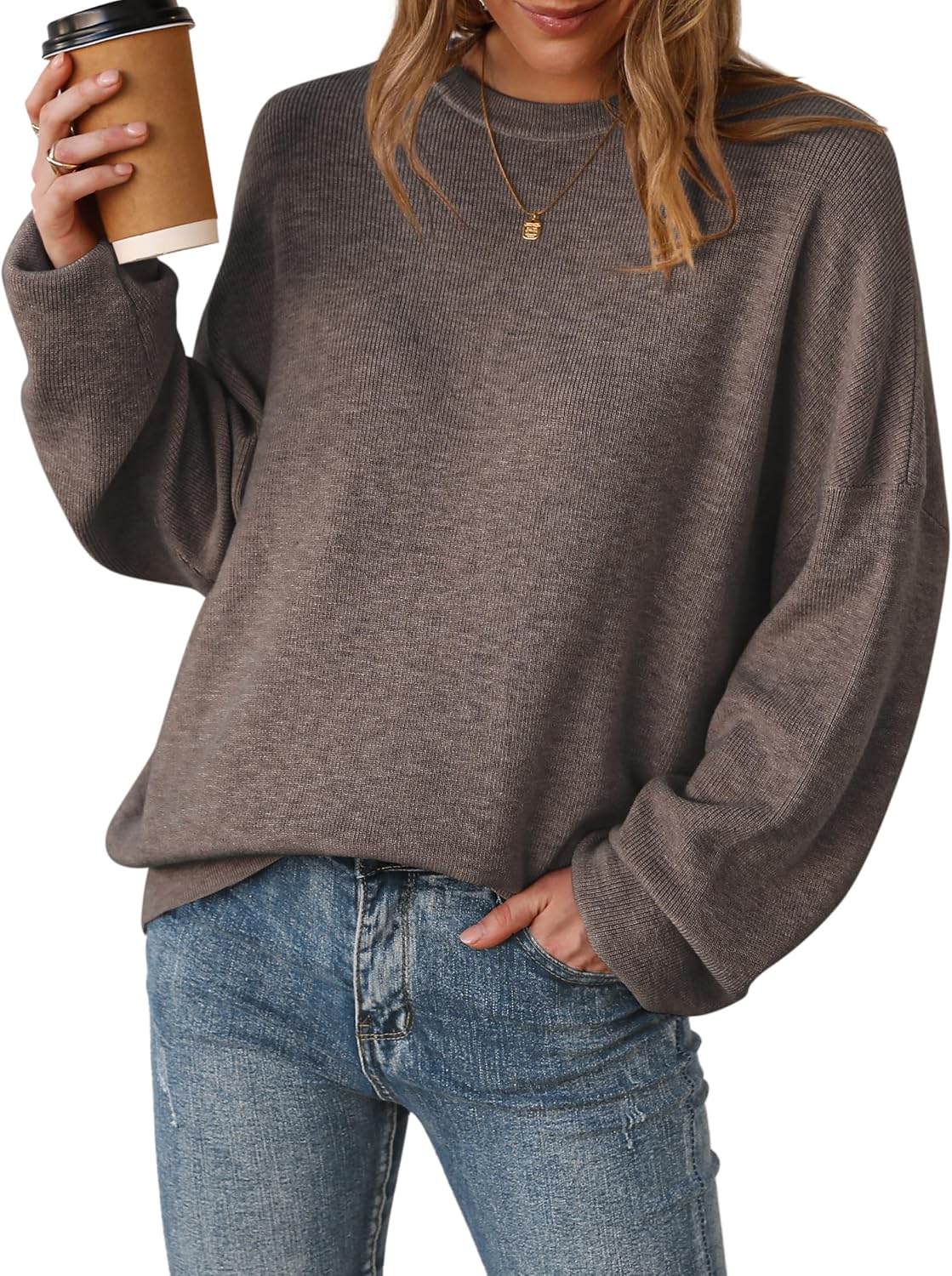 Detalle de Arach&Cloz Women's Wool-Blend Oversized Sweater, Crewneck, Long Sleeve