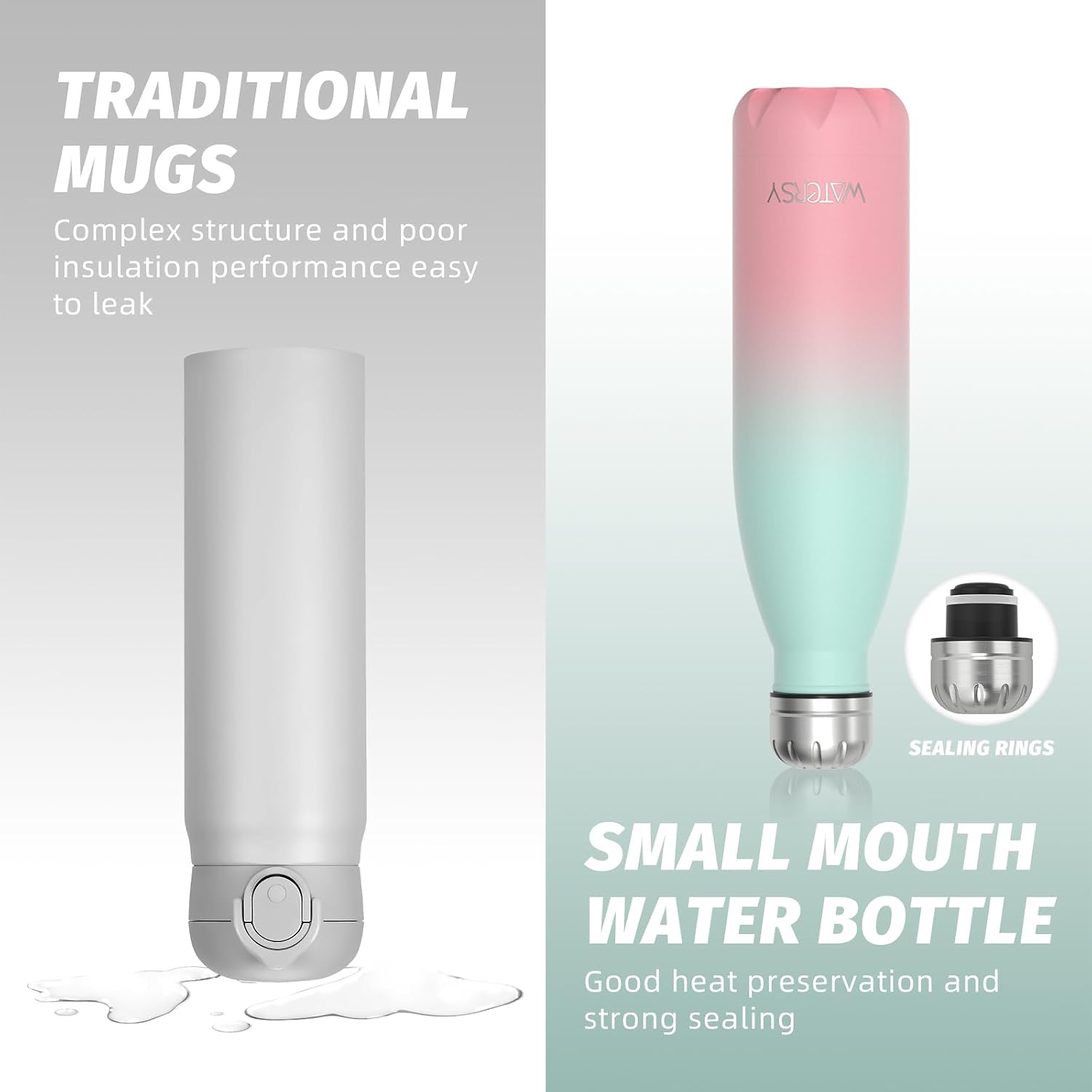 Thumbnail 4 de WATERSY Stainless Steel Insulated Water Bottle (500ml) – Aqua Pink