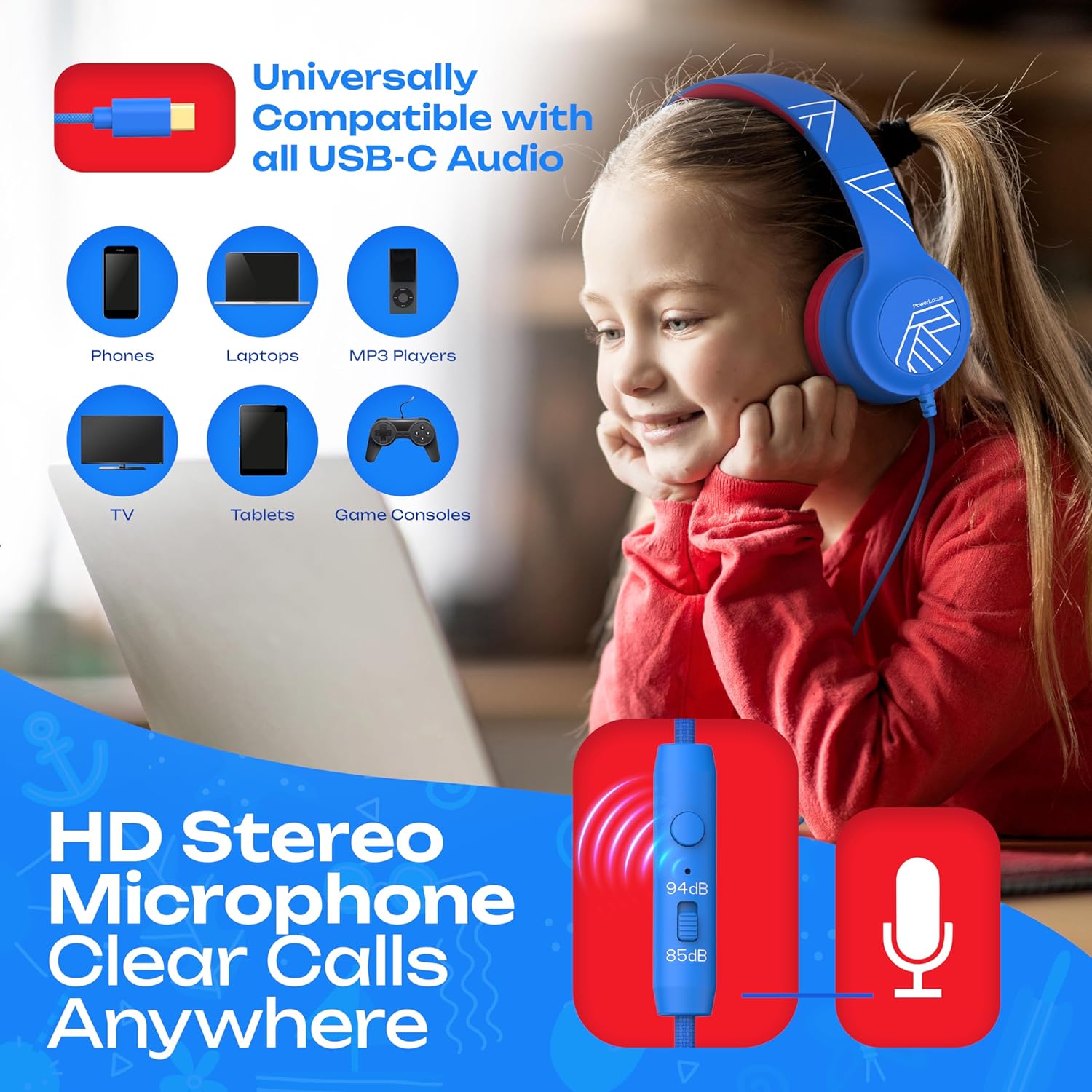 Thumbnail 4 de PowerLocus Kids Headphones with Microphone: Wired, Over-Ear, 85/94 dB Safe Volume, USB-C, Foldable