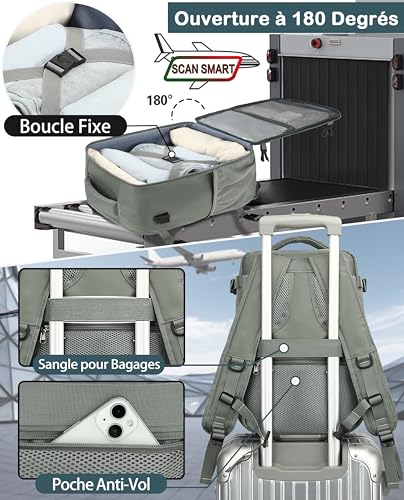 Detalle de KLOSTAIN Sac à Dos Voyage Cabine Avion 45x36x20 cm – 30 L, 14" + Compartiment sécurisé, Vert