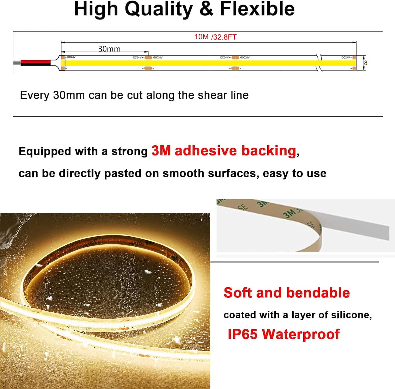 Detalle 2 de SIRYYUI COB Waterproof LED Strip Light IP65 10M (2700K Warm White, 384 LEDs/m, CRI90+) – 24V dotless tape light