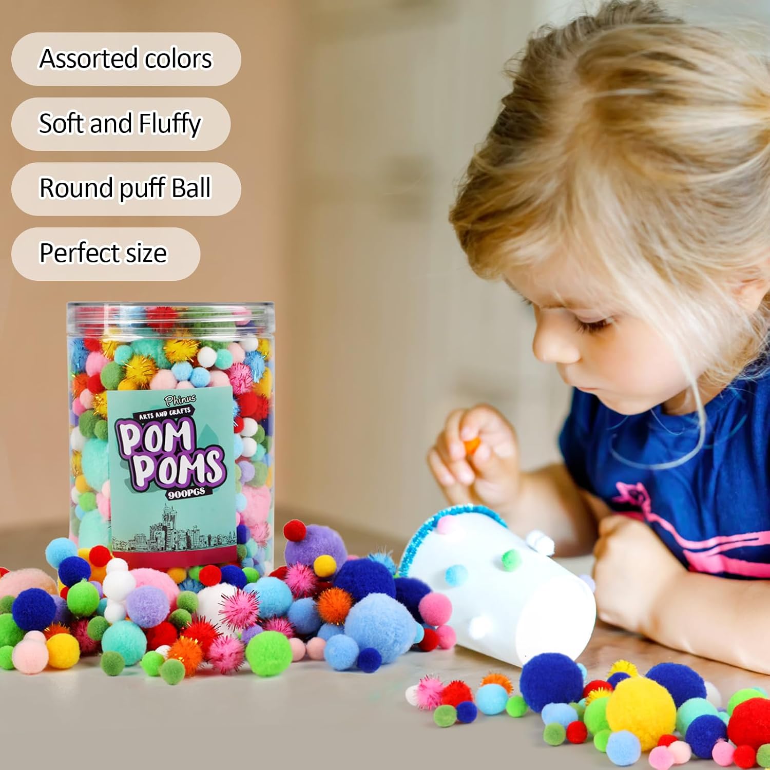Detalle 2 de Phinus Craft Pom Poms, 900 Pieces