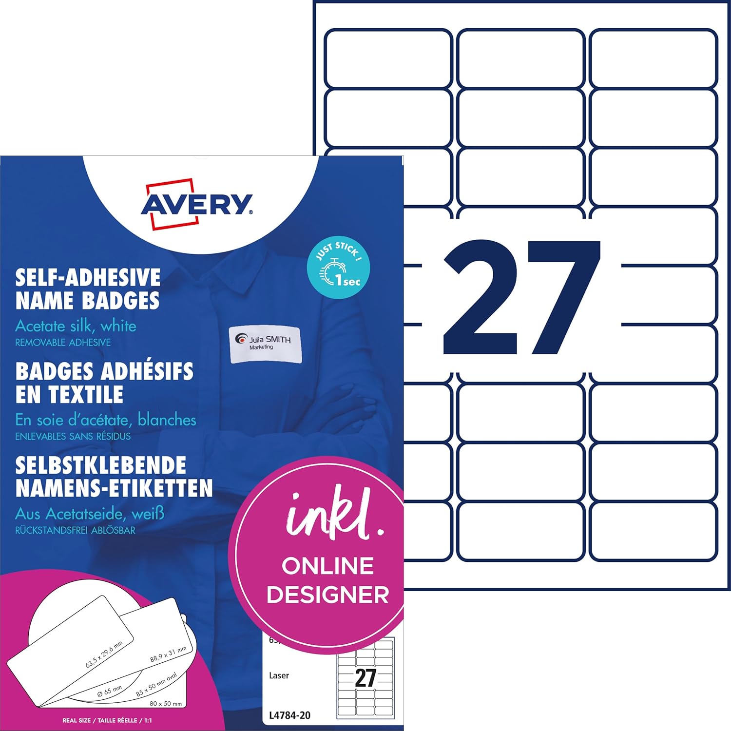 Detalle de AVERY Zweckform L4784-20 Namensetiketten – 540 ablösbare Textiletiketten auf A4, 63,5 x 29,6 mm, für Laserdrucker