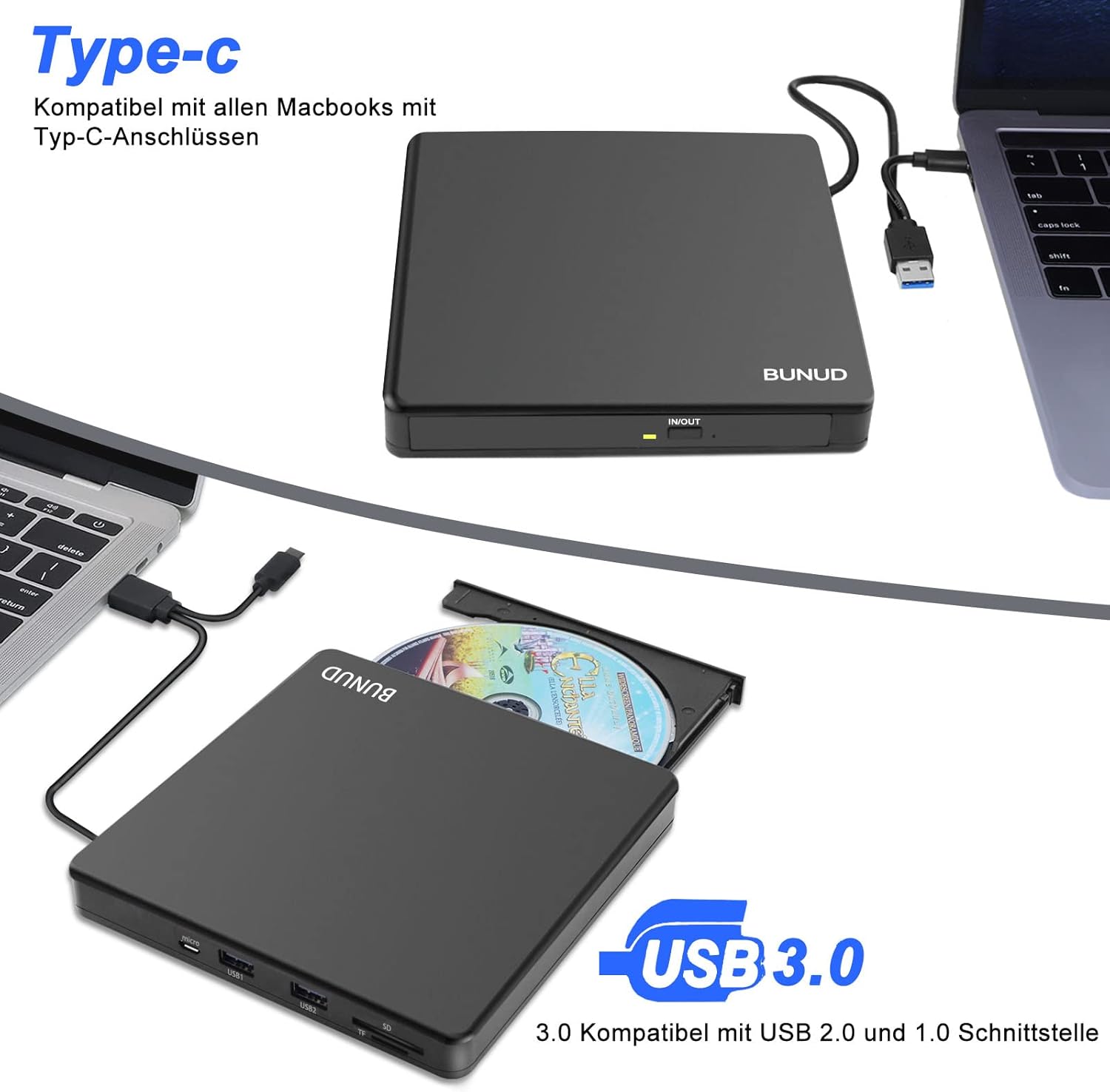 Detalle 2 de BUNUD Externes CD DVD Laufwerk USB-C 5-in-1