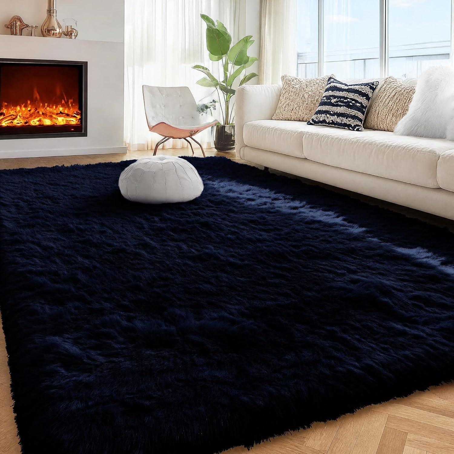 Thumbnail 6 de PAGISOFE 4' x 6' Navy Blue High-Pile Area Rug with Non-Slip TPR Backing