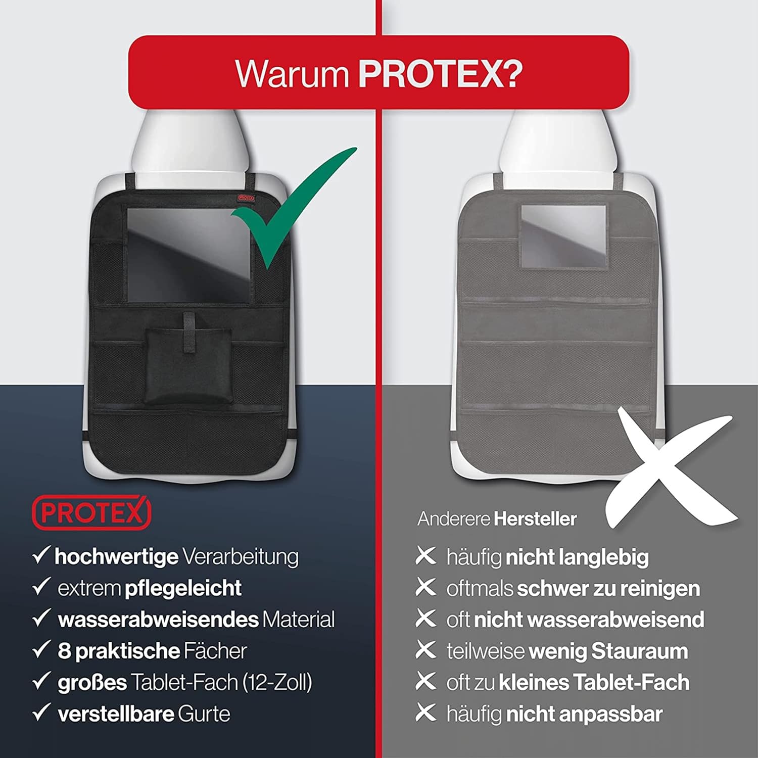 Detalle de PROTEX Rückenlehnenschutz Organizer – 2-in-1 Auto-Organizer mit Tabletfach, 45 × 65 cm, schwarz