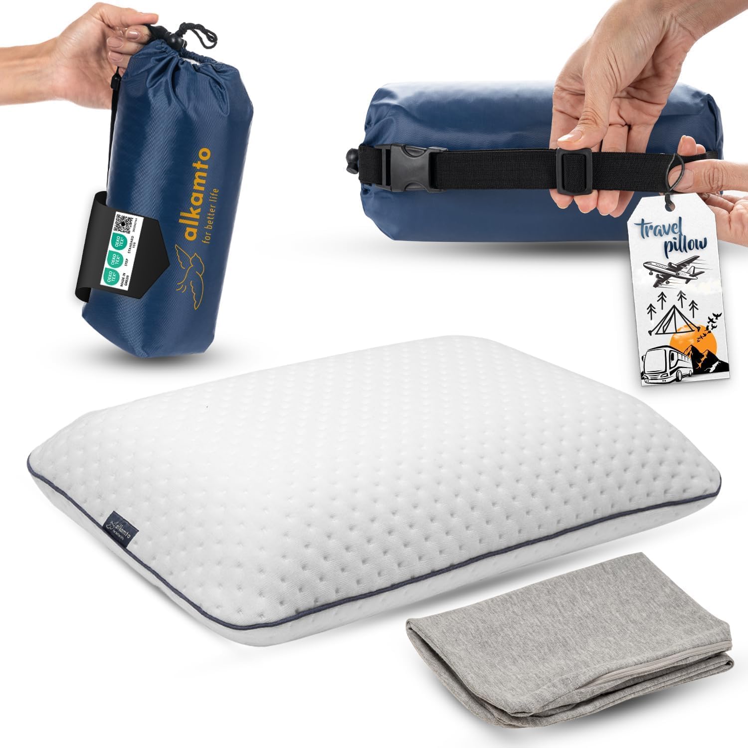 Detalle de Alkamto Cuscino da viaggio ortopedico in memory foam con federa regolazione temperatura
