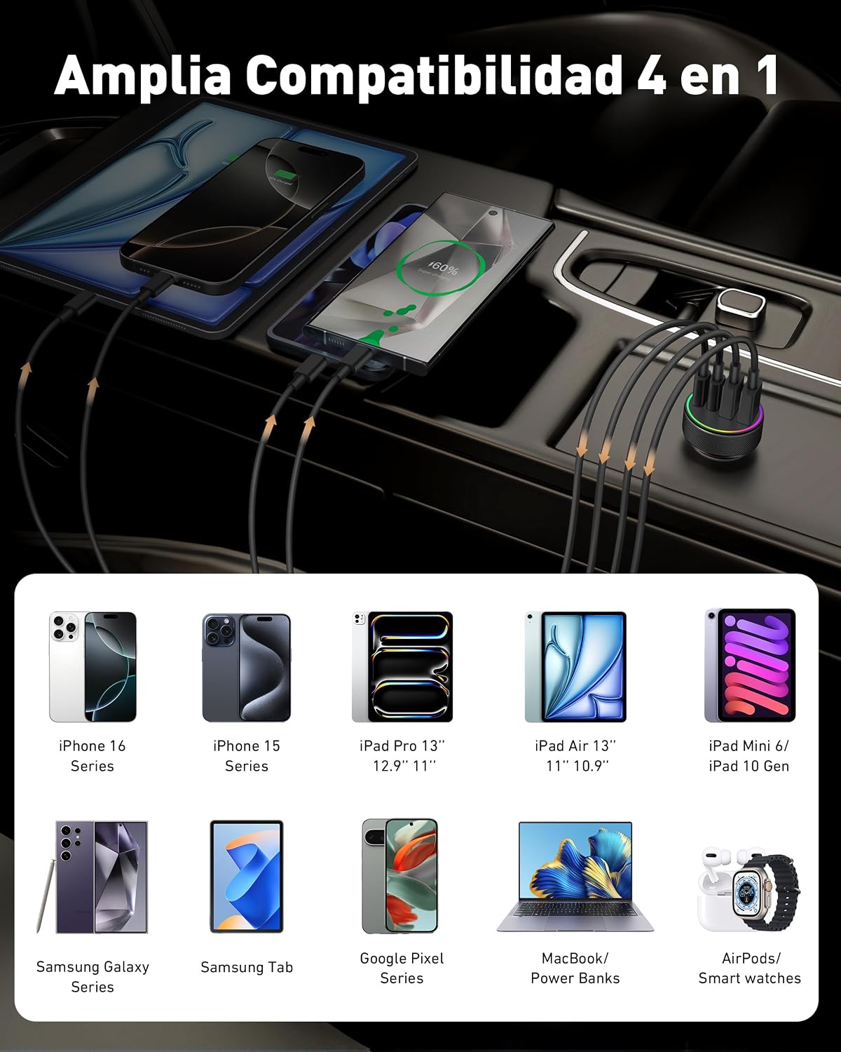 Thumbnail 4 de 4-Puerto 90W Cargador de Coche Dual USB-C/USB-A PD/QC