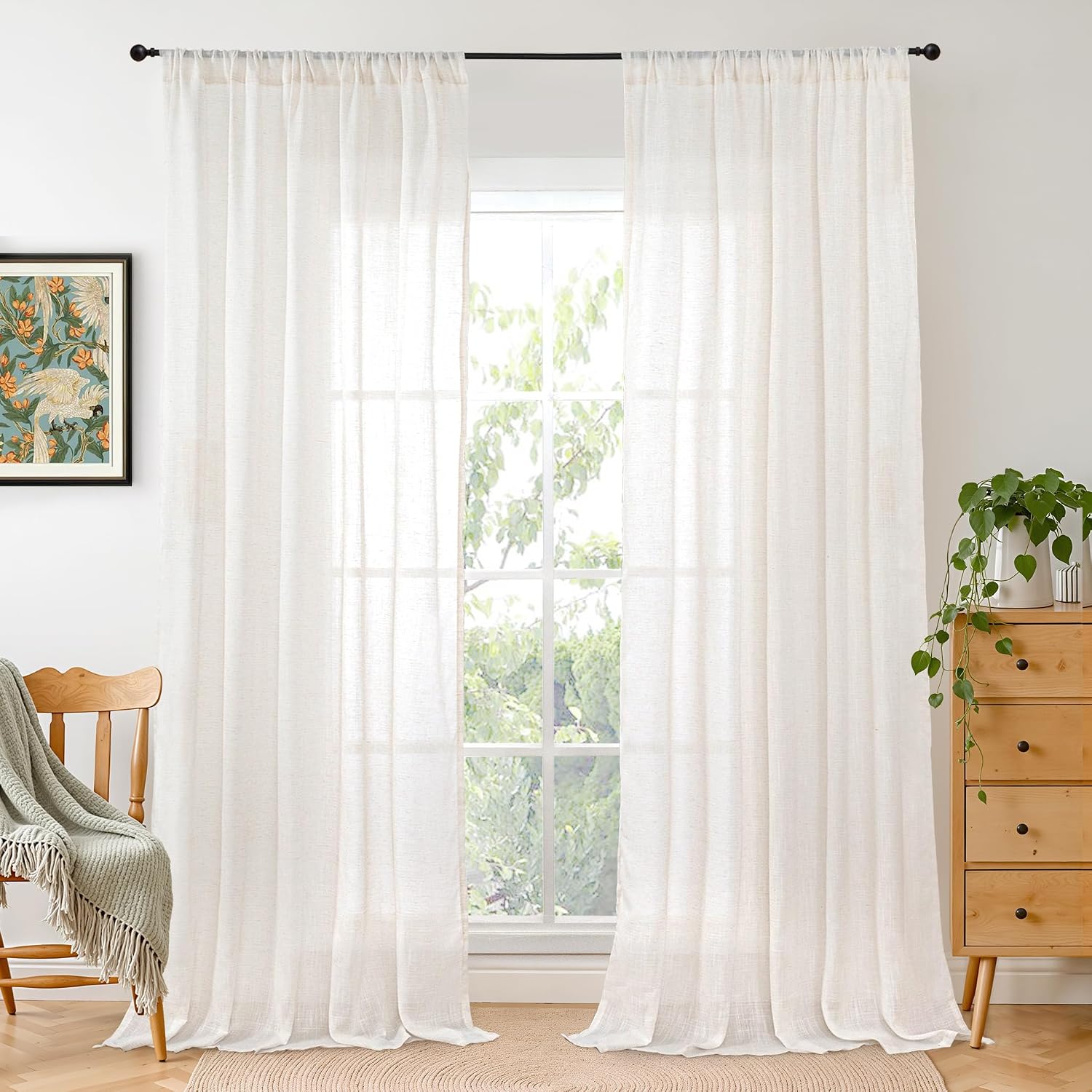 Detalle de BGment Linen Sheer Curtains, 84-Inch 2-Panel Light-Filtering Rod Pocket Set